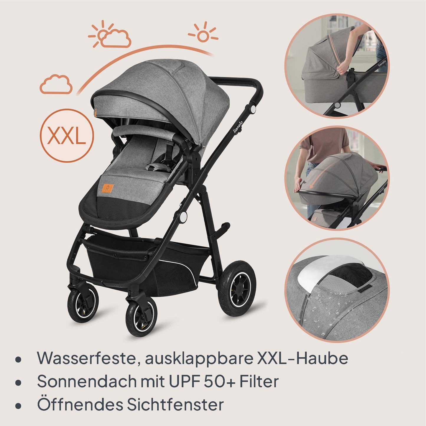 LIONELO Bianka Pushchair 3-in-1 up to 22 kg Baby Carrycot Car Seat Foldable Travel System Adjustment of the Backrest Wheels 360o Shock Absorber Hood XXL