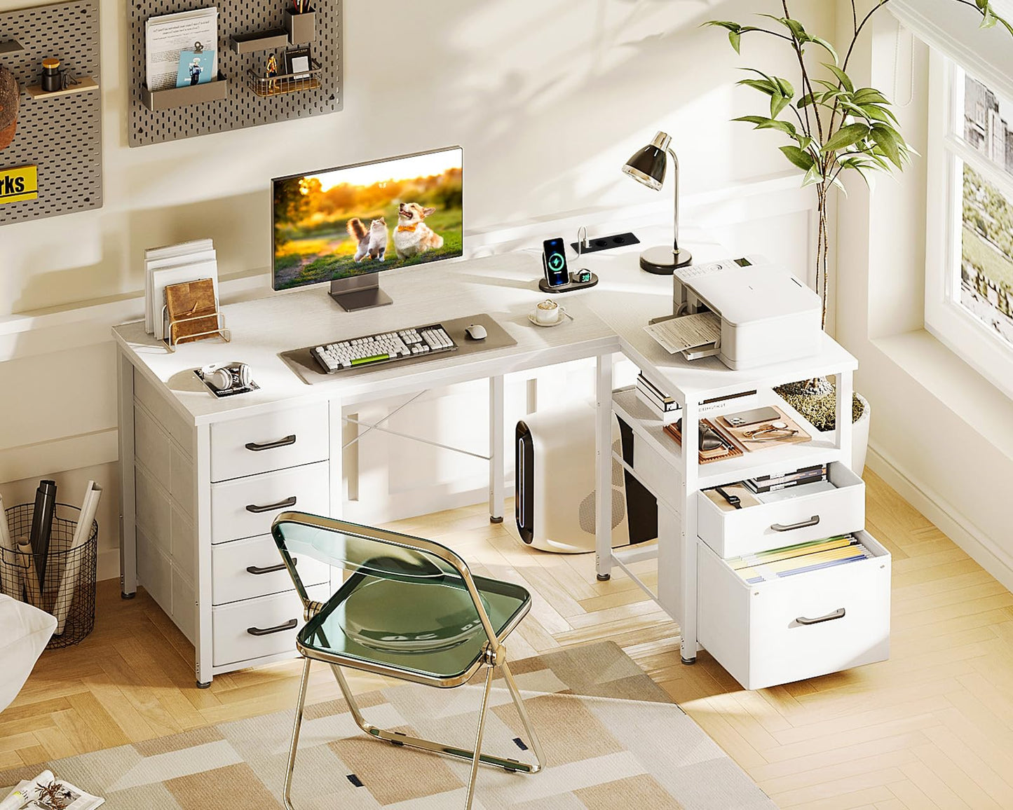 Coleshome Desk with Fabric Drawers, Reversible Desk L Shape with Filing Drawer, Corner Desk with USB Charging Port and Socket, Home Office Desks (White, 140 x 70 cm)