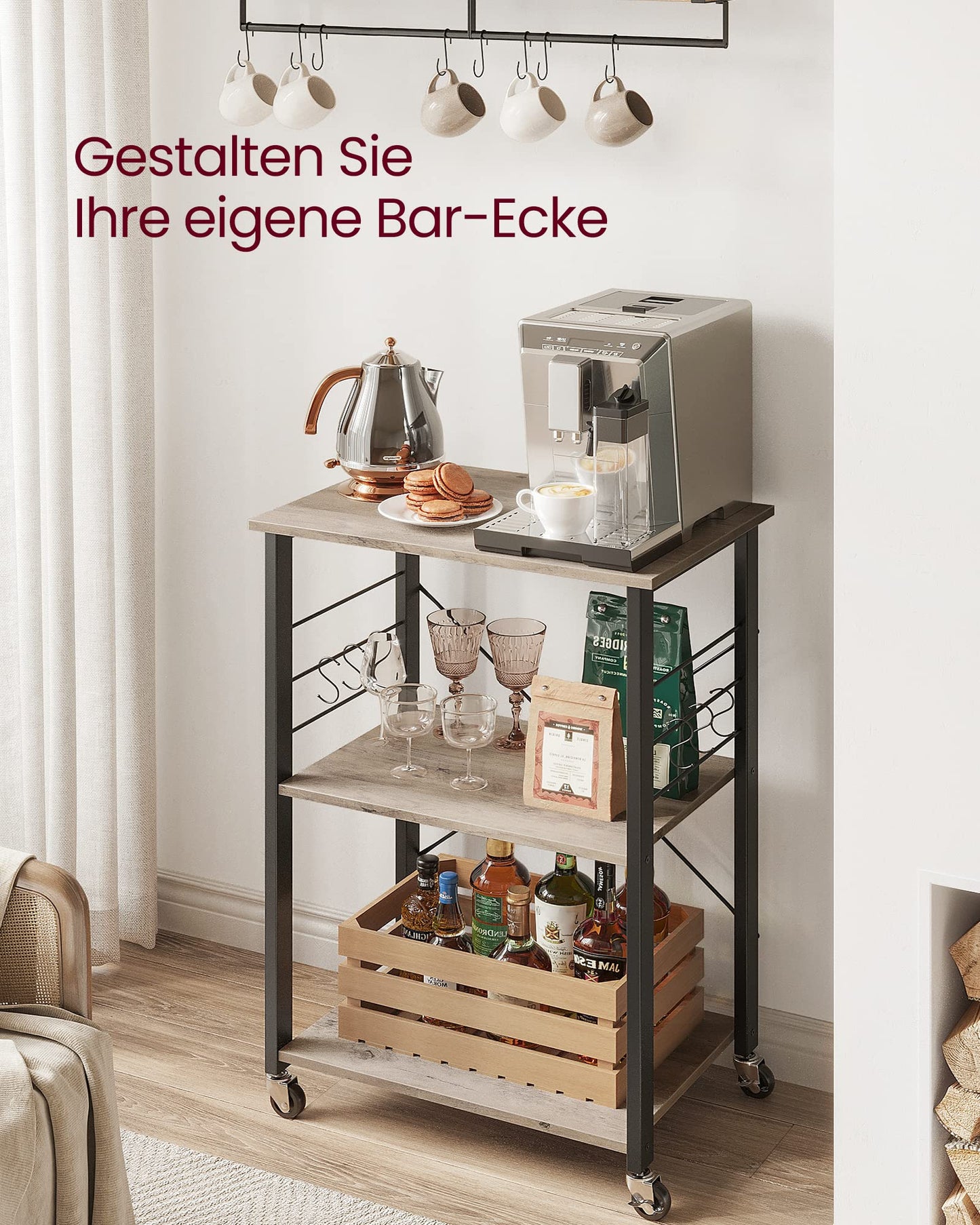 VASAGLE KKS60XV1 Kitchen Rack on Wheels Serving Trolley 3 Tier Kitchen Trolley Mini Oven Microwave Metal Frame 6 Hooks 40 x 60 x 89 cm Vintage Brown Ink Black