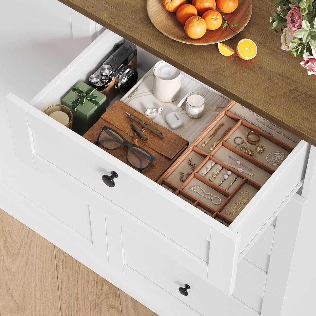 HOCSOK Sideboard, Kitchen Cabinet, Chest of Drawers, White Buffet Cabinet with 1 Door and 5 Drawers, for Kitchen, Living Room, Dining Room, 85.5 x 40 x 97 cm