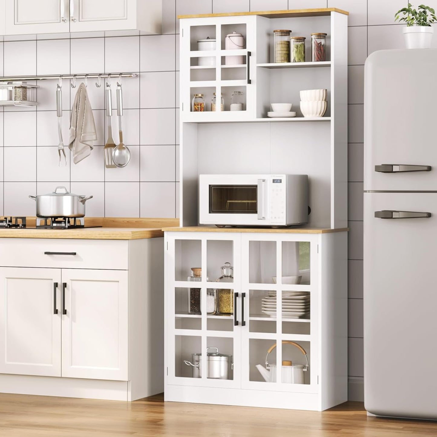 Yaheetech Kitchen Cabinet, Tall Cabinet with Cabinet, Multi-Purpose Cabinet with Adjustable Shelves, Storage Cabinet with Glass Doors, Cupboard with Open Shelves, White