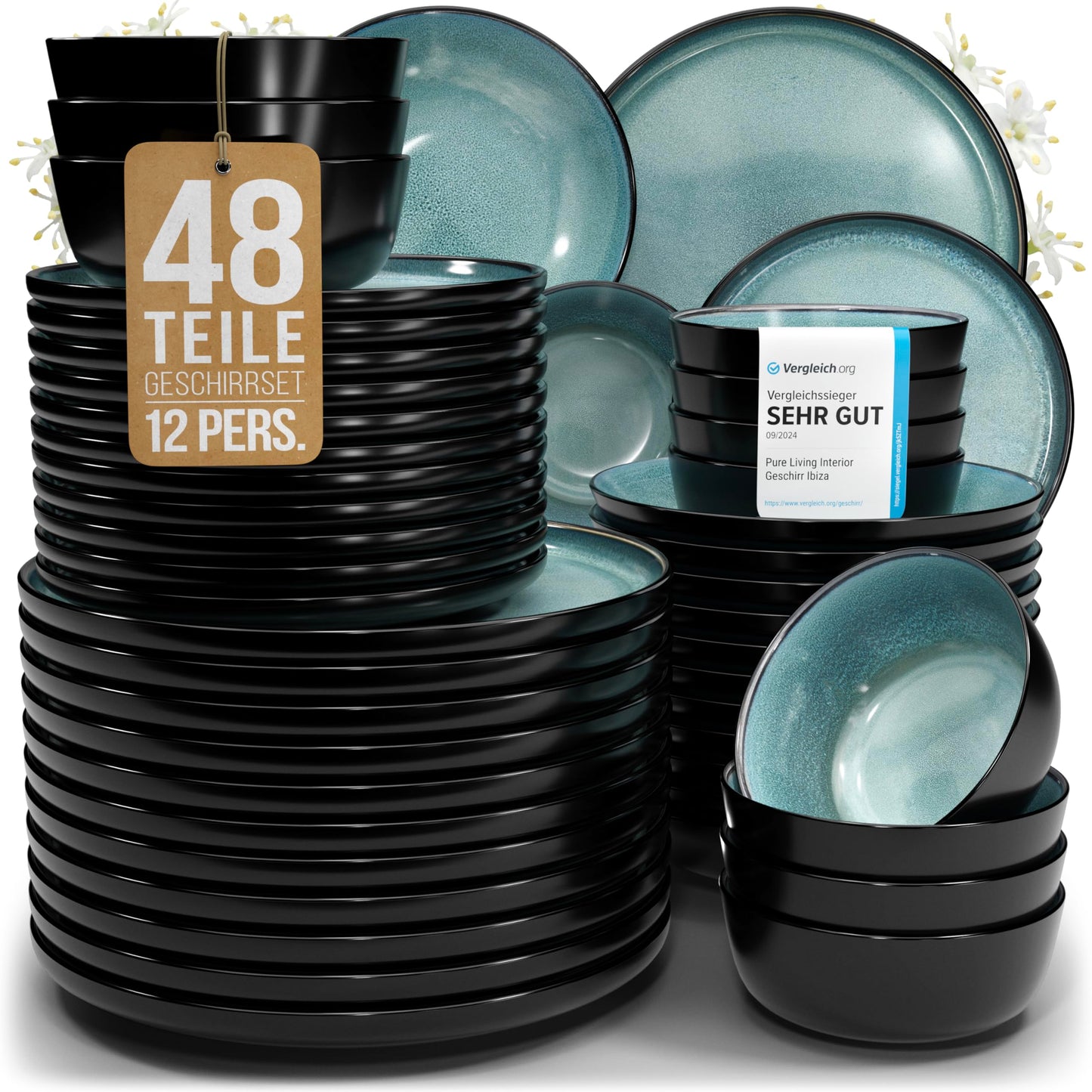 Ibiza Stoneware Crockery Set for 12 People, 48 Pieces, Test Winner, Dreamlike Mediterranean Stoneware Crockery Set, Bowl and Plate Set, Dinner Service for 12 People, Pure Living Crockery Sets in Deep