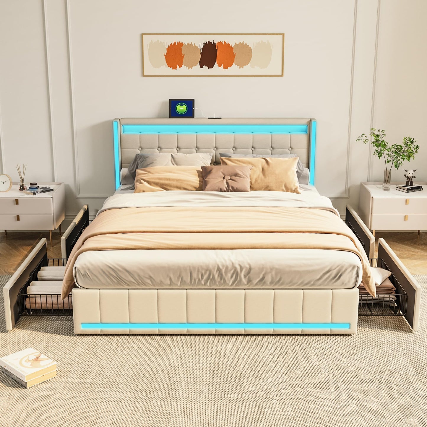 WOBOPCG Upholstered Double Bed 140 x 200, Hydraulic Storage Bed with Slatted Bases, Double Bed with Storage Space, Functional Bed with Storage Space (Grey + Flannel, 140 x 200)