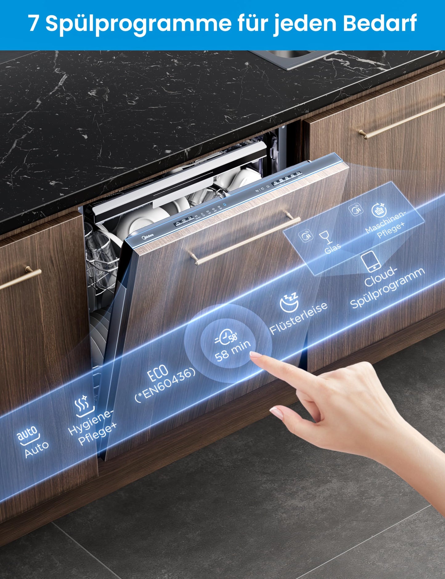 Midea SU 5.35X14CS Dishwasher Base, 14 MGD, Dishwasher 60 cm, Home Connect, Hygiene Care+, Machine Care +, Extra Drying, Half Load, 44 db, Start Delay, Stainless Steel