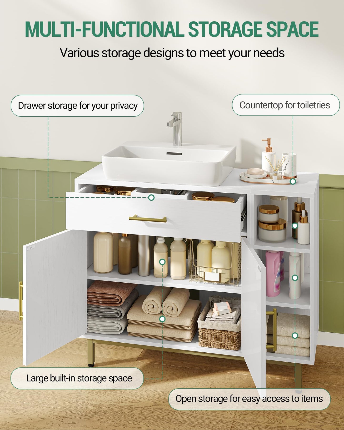 Hzuaneri BC28813G Bathroom Cabinet 1 Drawer 2 Cabinet Doors Open Compartment with 3 Levels Adjustable Shelf White 30 x 80 x 64 cm