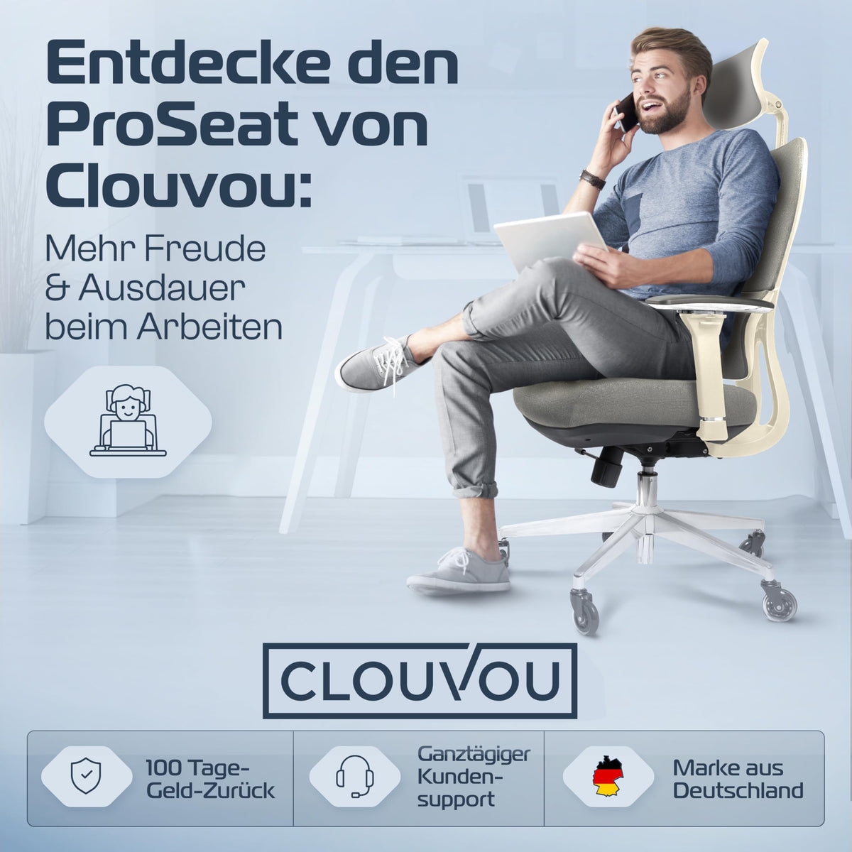 CLOUVOU BrightSeat Ergonomic Office Chair [Test Winner] Desk Chair 100% Individually Adjustable Office Chair & Gaming Chair Computer Chair Home Office Chair Ergonomic Swivel Chair 150 kg