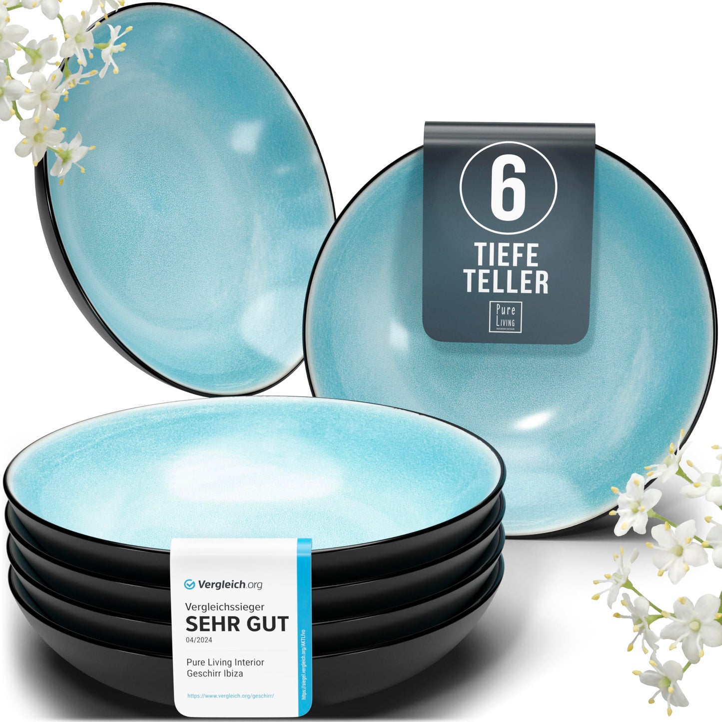 Ibiza Stoneware Crockery Set for 12 People, 48 Pieces, Test Winner, Dreamlike Mediterranean Stoneware Crockery Set, Bowl and Plate Set, Dinner Service for 12 People, Pure Living Crockery Sets in Deep