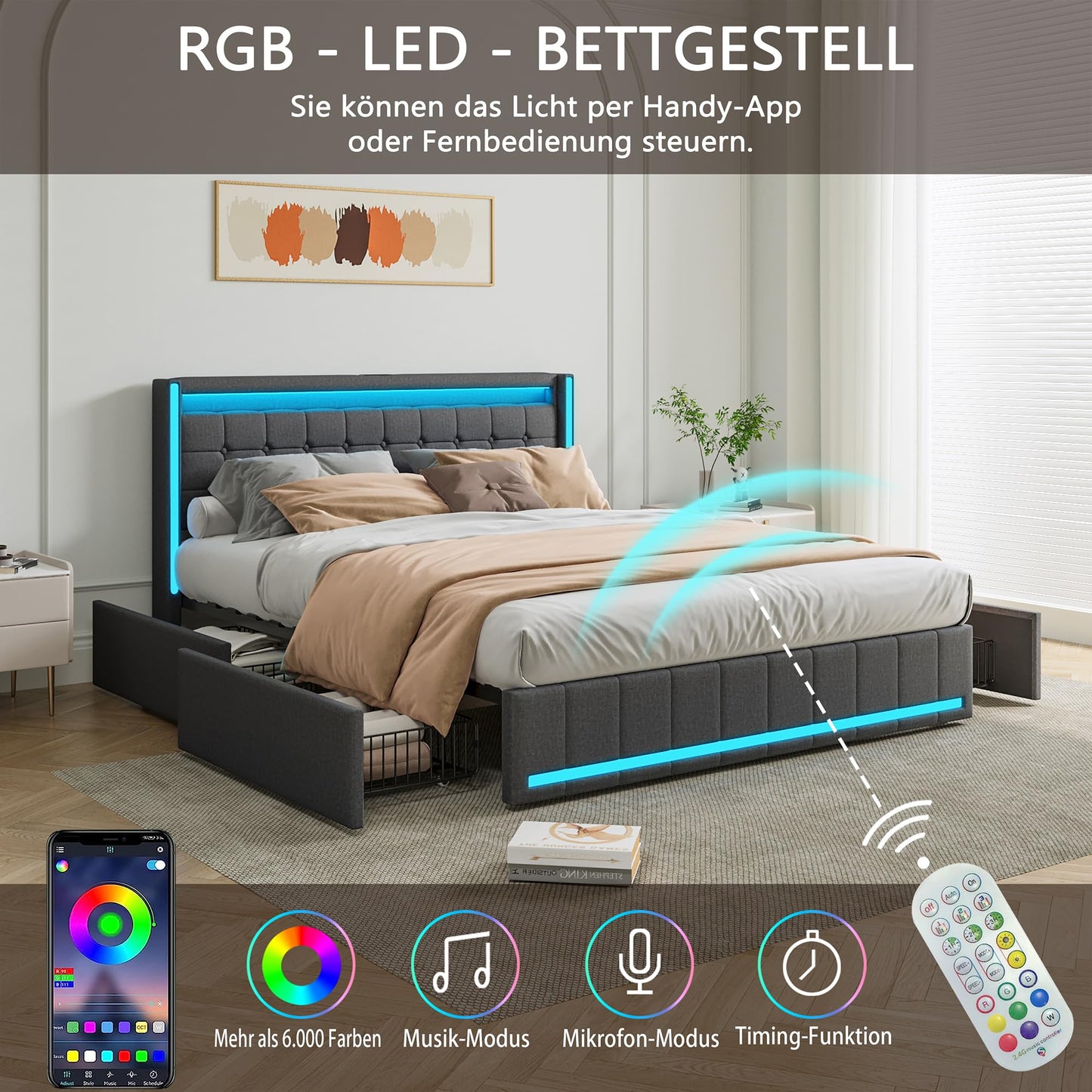 KeepGoon Doppelbett 140 x 200 cm,Polsterbett mit LED-Leuchten, 4 Eisenschubladen und einem USB Ladeanschluss,Stauraumbetten Bettgestell,Leinenstoff (Beige)