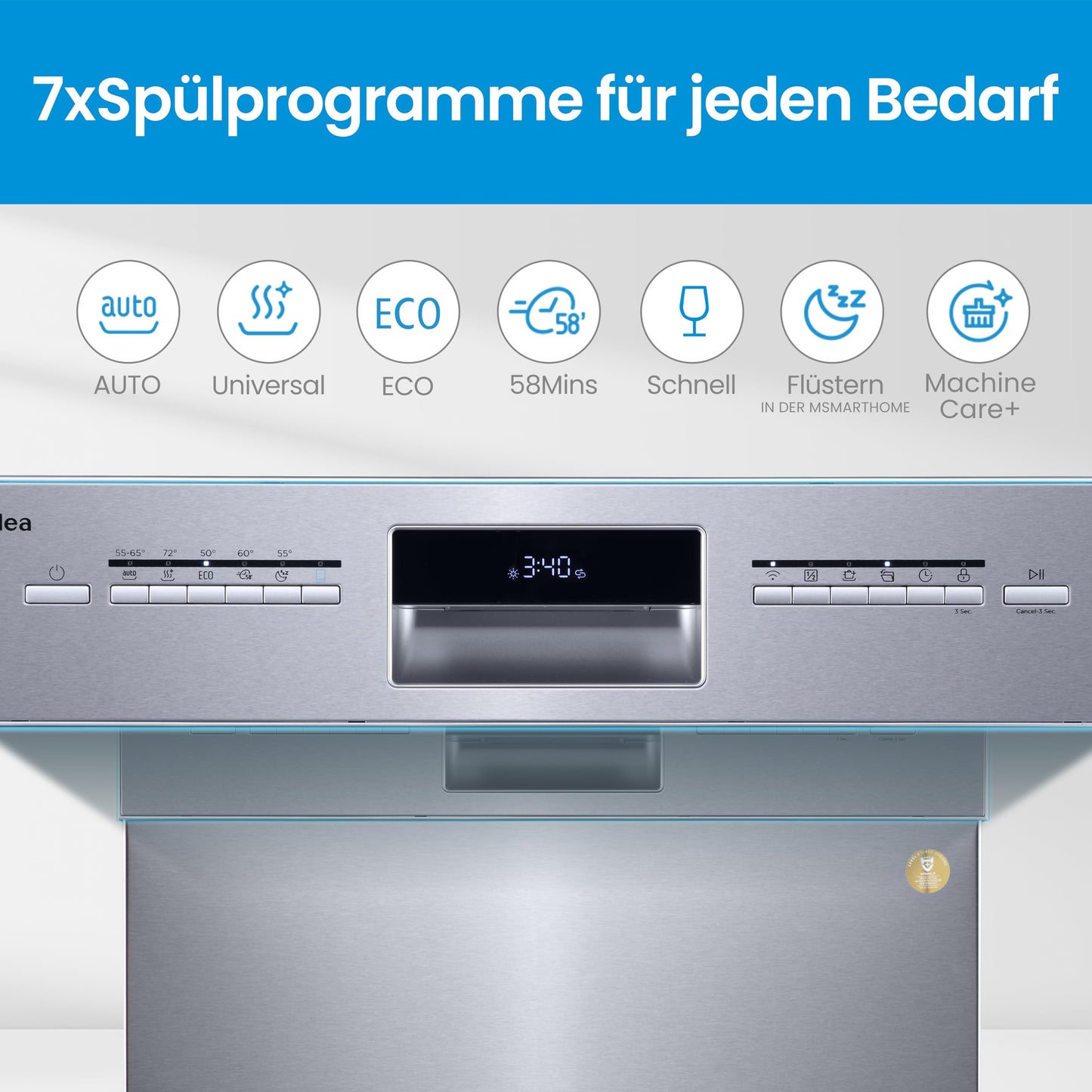 Midea SU 5.35X14CS Dishwasher Base, 14 MGD, Dishwasher 60 cm, Home Connect, Hygiene Care+, Machine Care +, Extra Drying, Half Load, 44 db, Start Delay, Stainless Steel