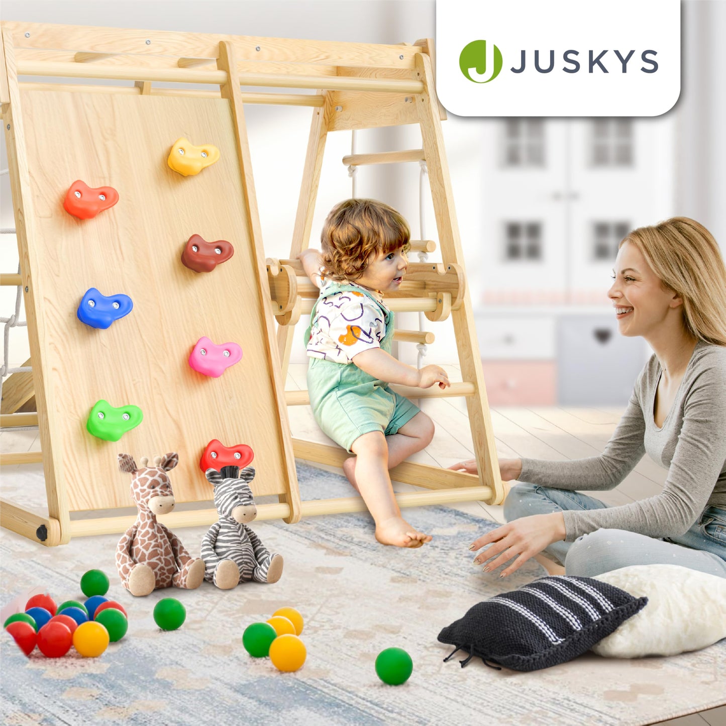 Juskys Mini Climbing Frame for Children - Indoor Playground with Slide, Climbing Wall, Climbing Net & Gymnastics Rings - Wooden Climbing Tower Foldable - Natural