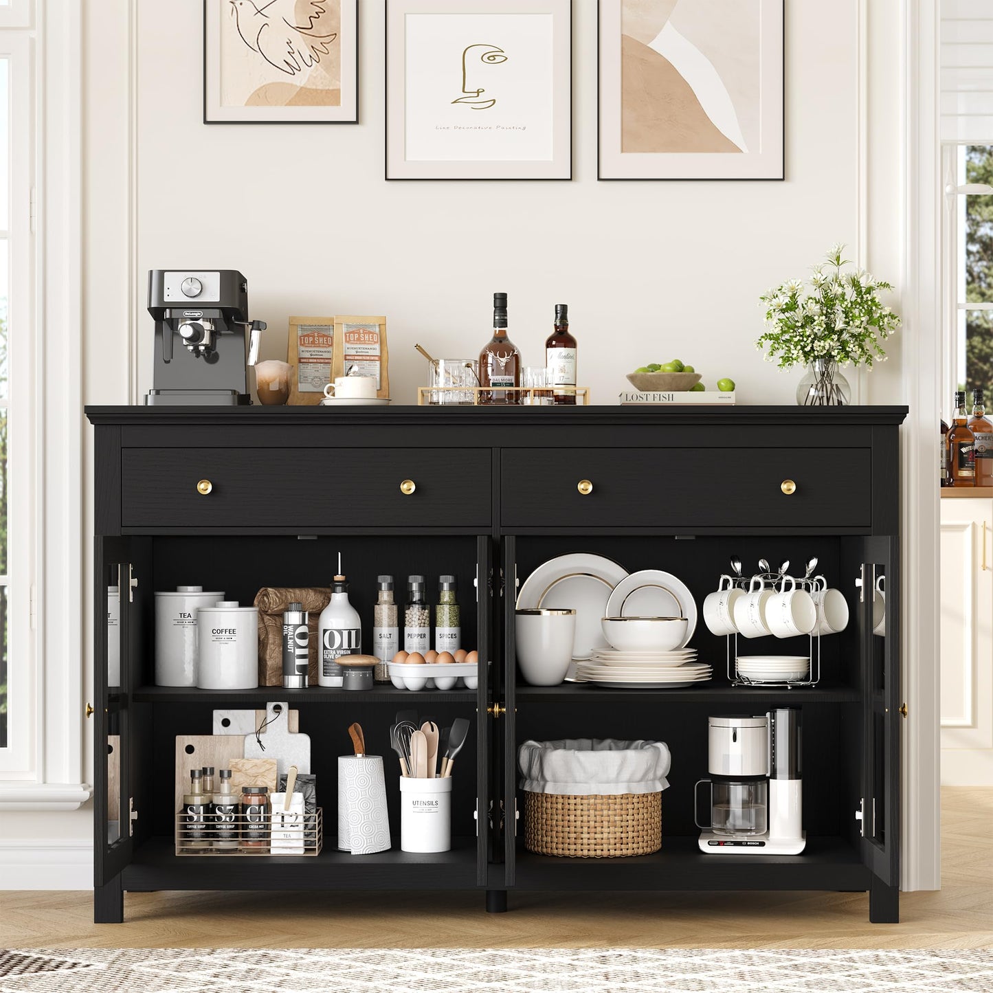 FirFurd Sideboard 140 cm Wide Kitchen Cabinet with Worktop Sideboard Living Room Kitchen Buffet Cabinet with 2 Drawers 4 Glass Doors Kitchen Buffet with Adjustable Shelves 140 x 40 x 91 cm Black