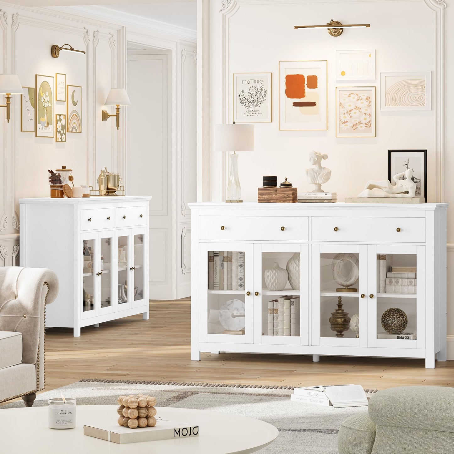 FirFurd Sideboard 140 cm Wide Kitchen Cabinet with Worktop Sideboard for Kitchen Living Room Buffet Cabinet with 2 Drawers and 4 Glass Doors Kitchen Buffet with Adjustable Shelf 140 x 90.7 x 40 cm