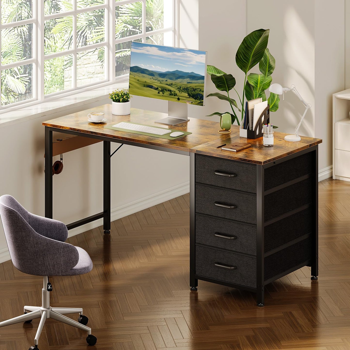 ODK Desk with 4 Drawers, 120 x 48 x 75.7 cm, Computer Desk with Headphone Holder, PC Table, Reversible Office Table, Wood for Home Office, White