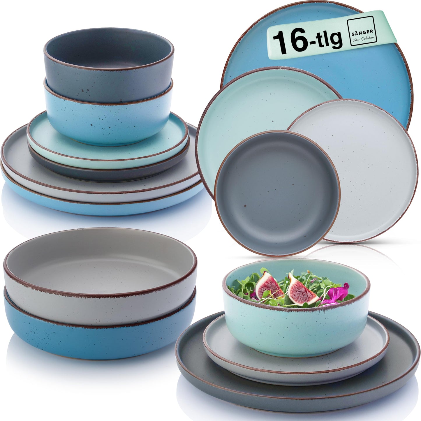 SÄNGER Bombay Seabed Crockery Service 20 Pieces, Stoneware Crockery for 4 People, 4 x Dinner Plates, 4 x Dessert Plates, 4 x Bowls, 4 x Pasta Plates, 4 x Coffee Mugs, Plate Set Colourful Value