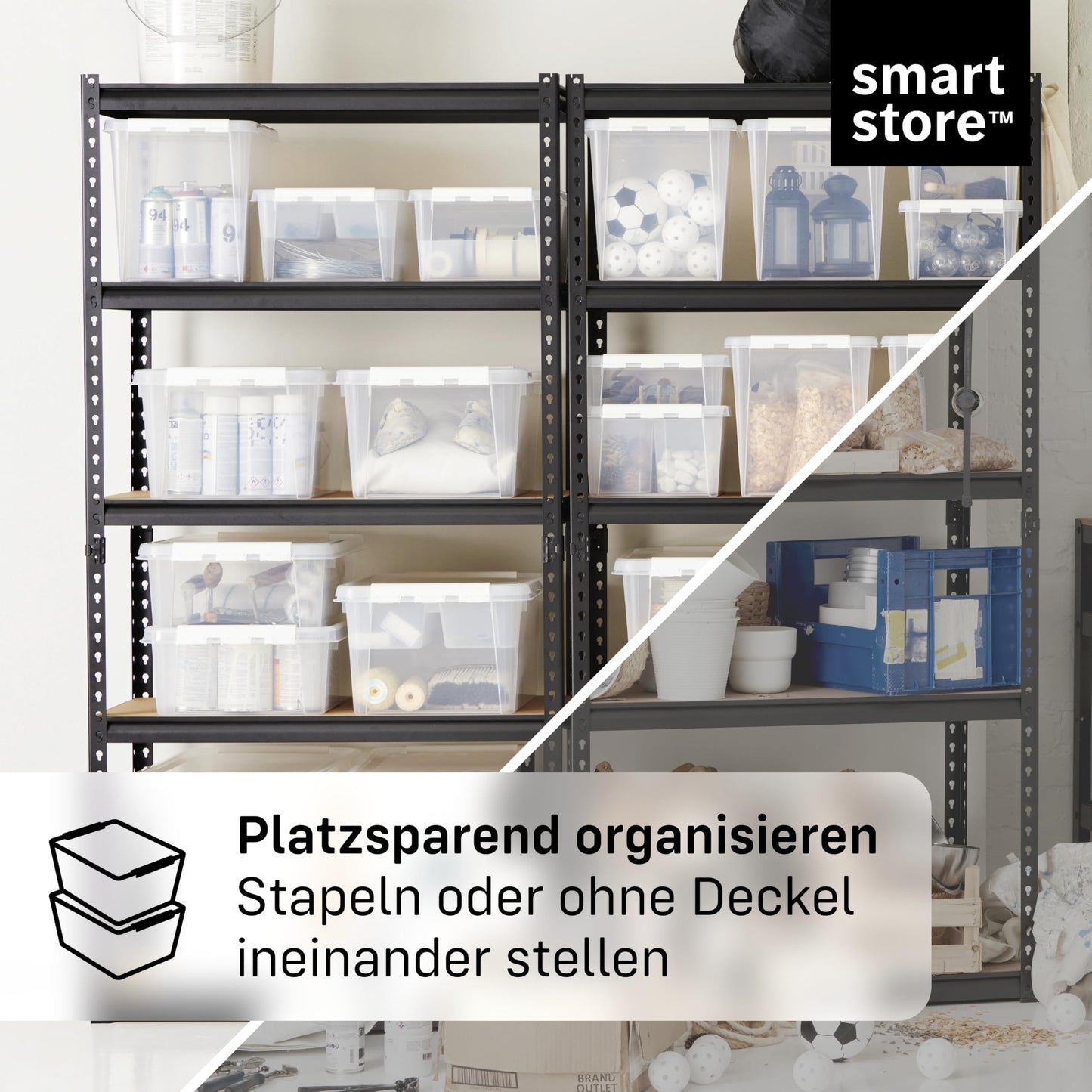 SmartStore Storage Box with Lid, 14 Litres, Pack of 4, Reinforced, Large, Transparent, Food Safe, with Clip Closure, Stackable, BPA-Free Plastic, 40 x 30 x 18 cm (L x W x H)