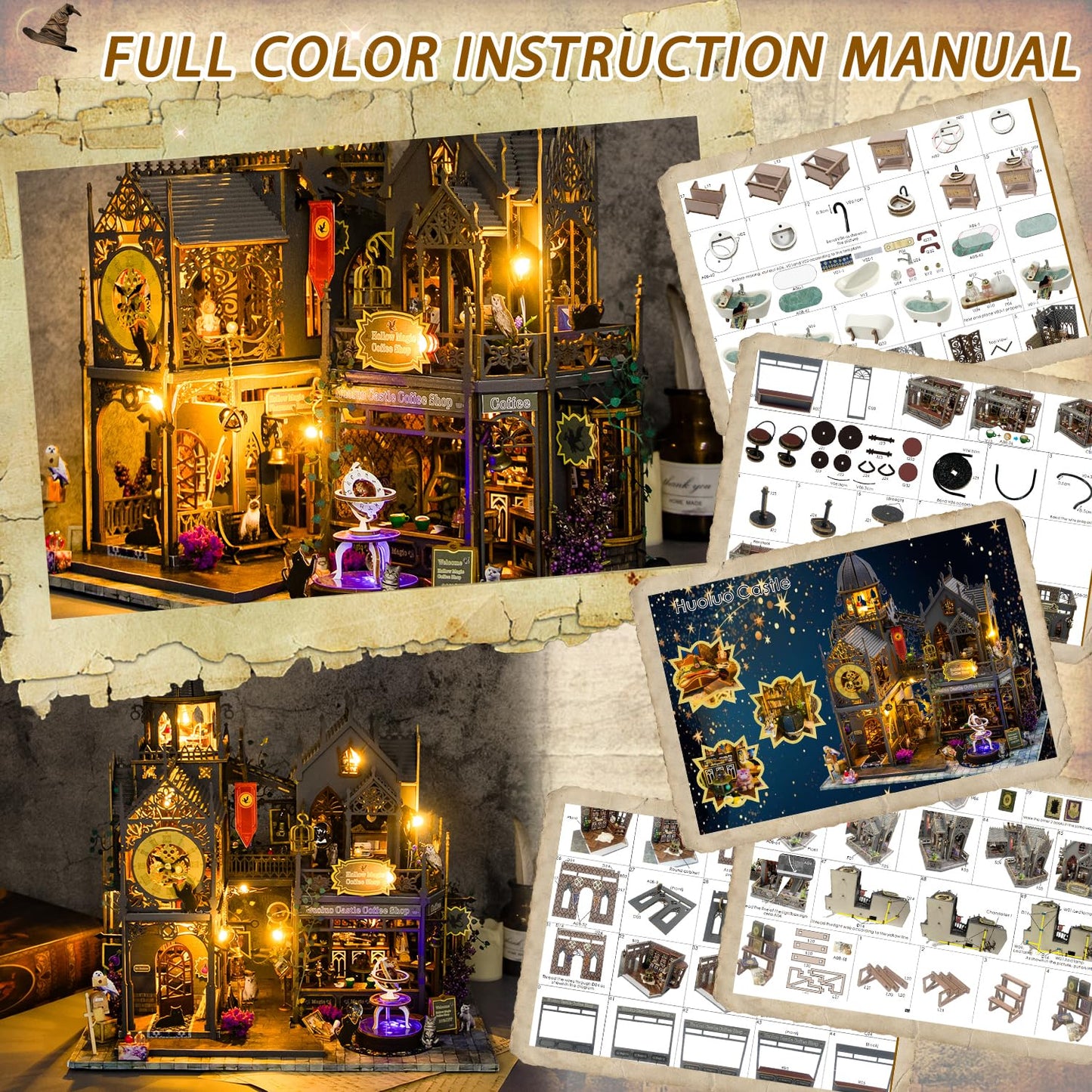 Mostop DIY Miniature Dollhouse Kit,Wooden Dollhouse Construction Kit,Miniature House Kit with LED Light und Bewegungen,Creative Room Idea for Children/Adults,Magic House,DIY Kits (Twilight Book City)