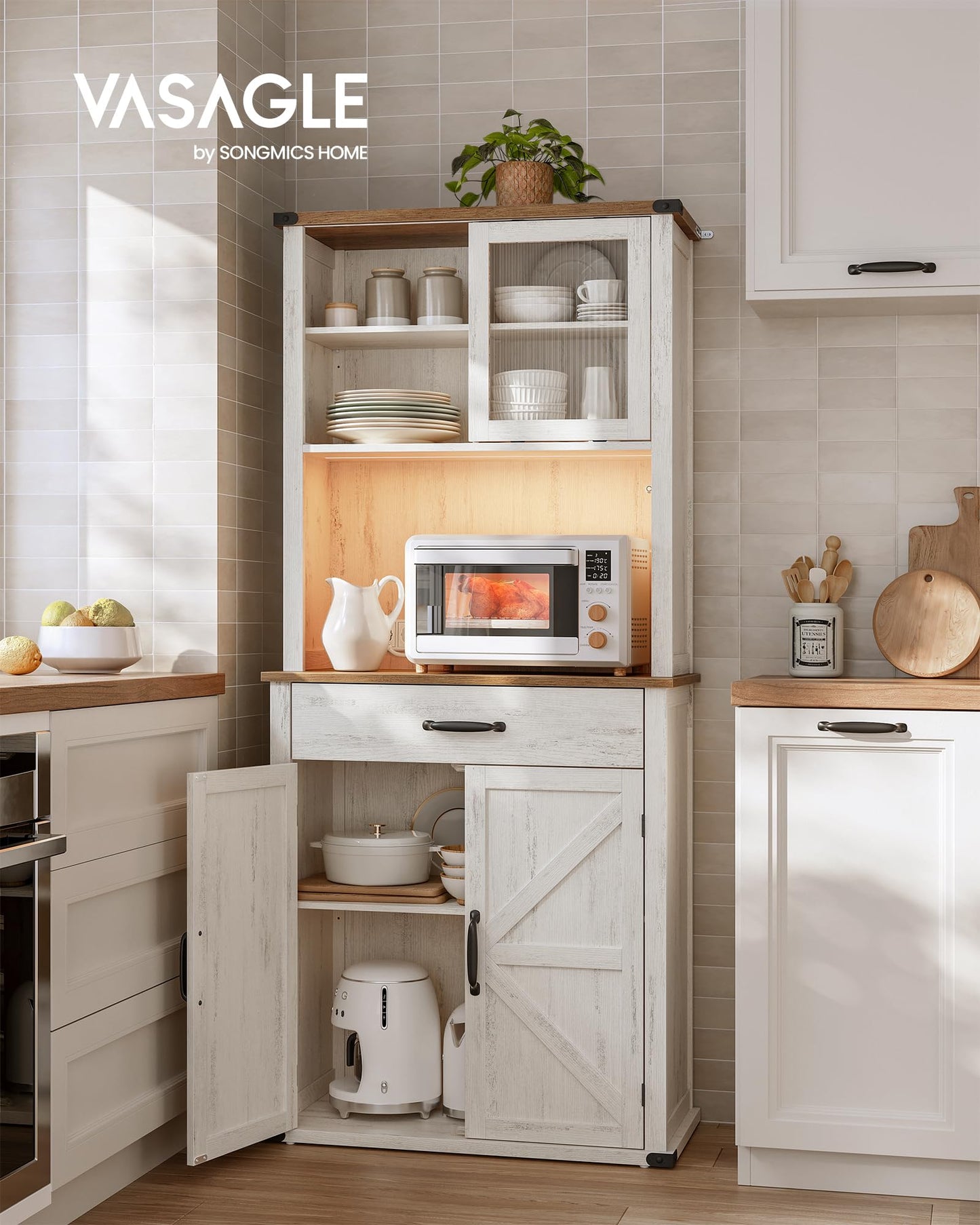 VASAGLE Sideboard with Lighting and Charging Station Kitchen Cabinet Storage Cabinet with Doors and Drawers 39.5 x 106.5 x 180.6 cm Adjustable Shelves Country Style Vintage White BBK391W02