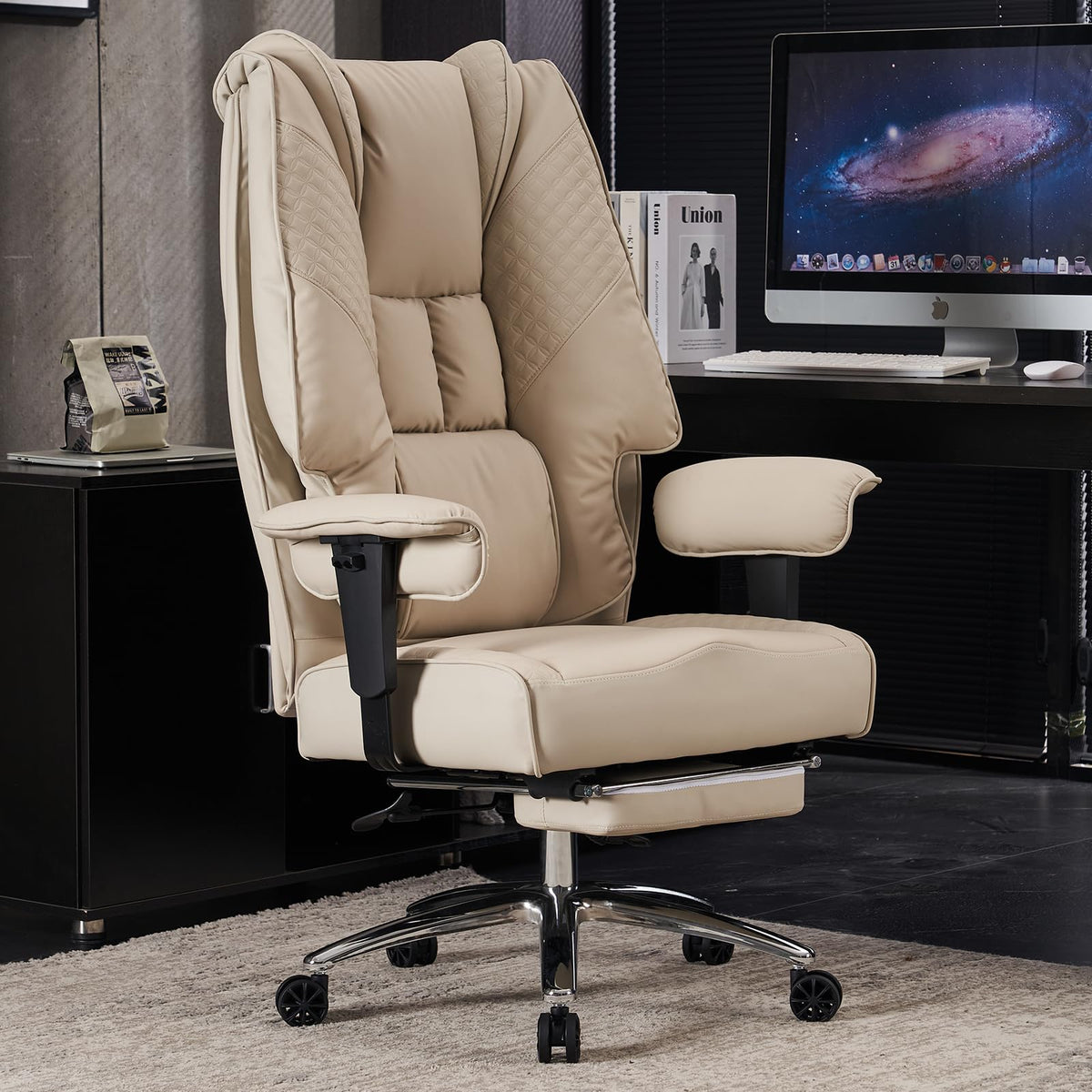 EXCEBET Bürostuhl Ergonomisch, Chefsessel mit Hoher Rückenlehne, Verstellbaren Armlehnen und Breitem Sitz, PU Leder Drehstuhl, Höhenverstellbar Schreibtischstuhl, Belastbar bis 200 kg (BEIGE)