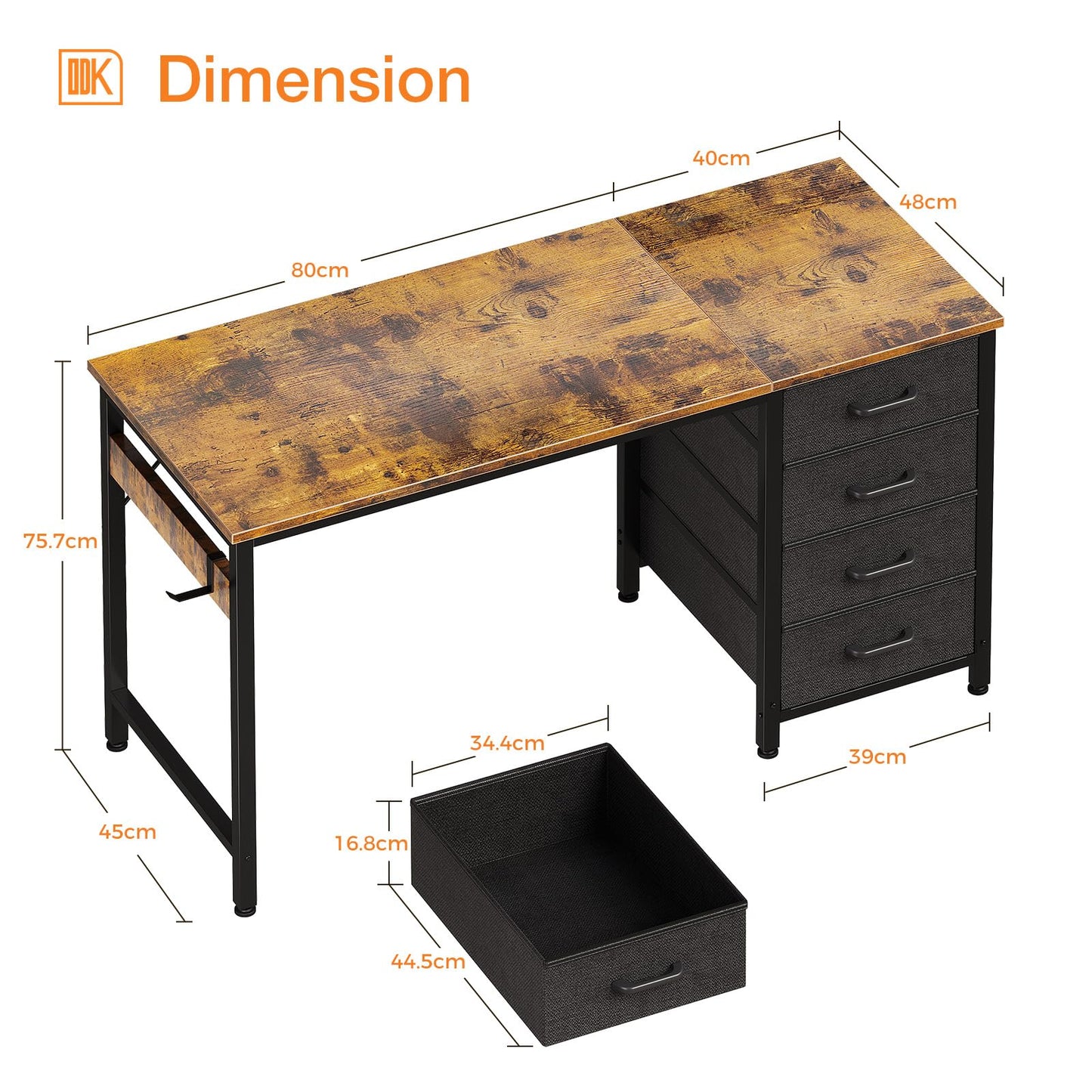 ODK Desk with 4 Drawers, 120 x 48 x 75.7 cm, Computer Desk with Headphone Holder, PC Table, Reversible Office Table, Wood for Home Office, White