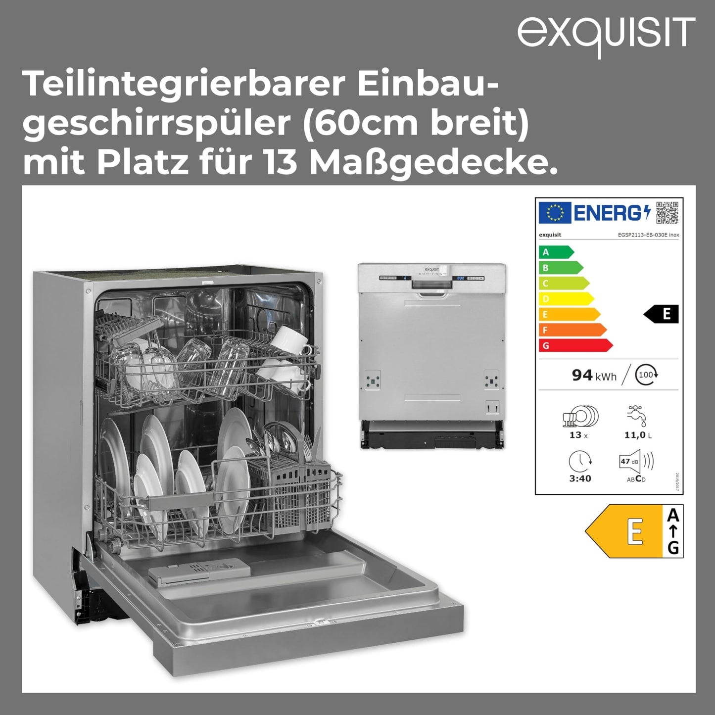 Exquisit PLUS EGSP2113-EB-030E Built-in Dishwasher, Partially Integrated, 60 cm, 13 Place Settings, Start Time Delay, LED Display, inox