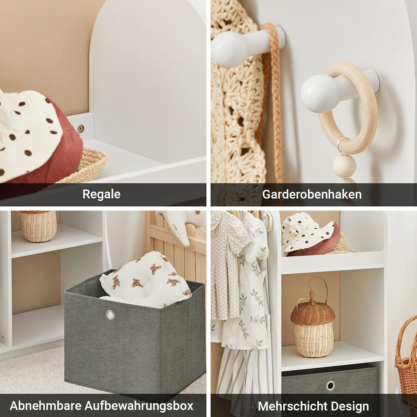 SoBuy KMB40-W Children's Wardrobe with 3 Hooks Children's Wardrobe Children's Wardrobe with Boxes Clothes Rack Children's Shelf Children's Room White 97 x 108 x 35 cm