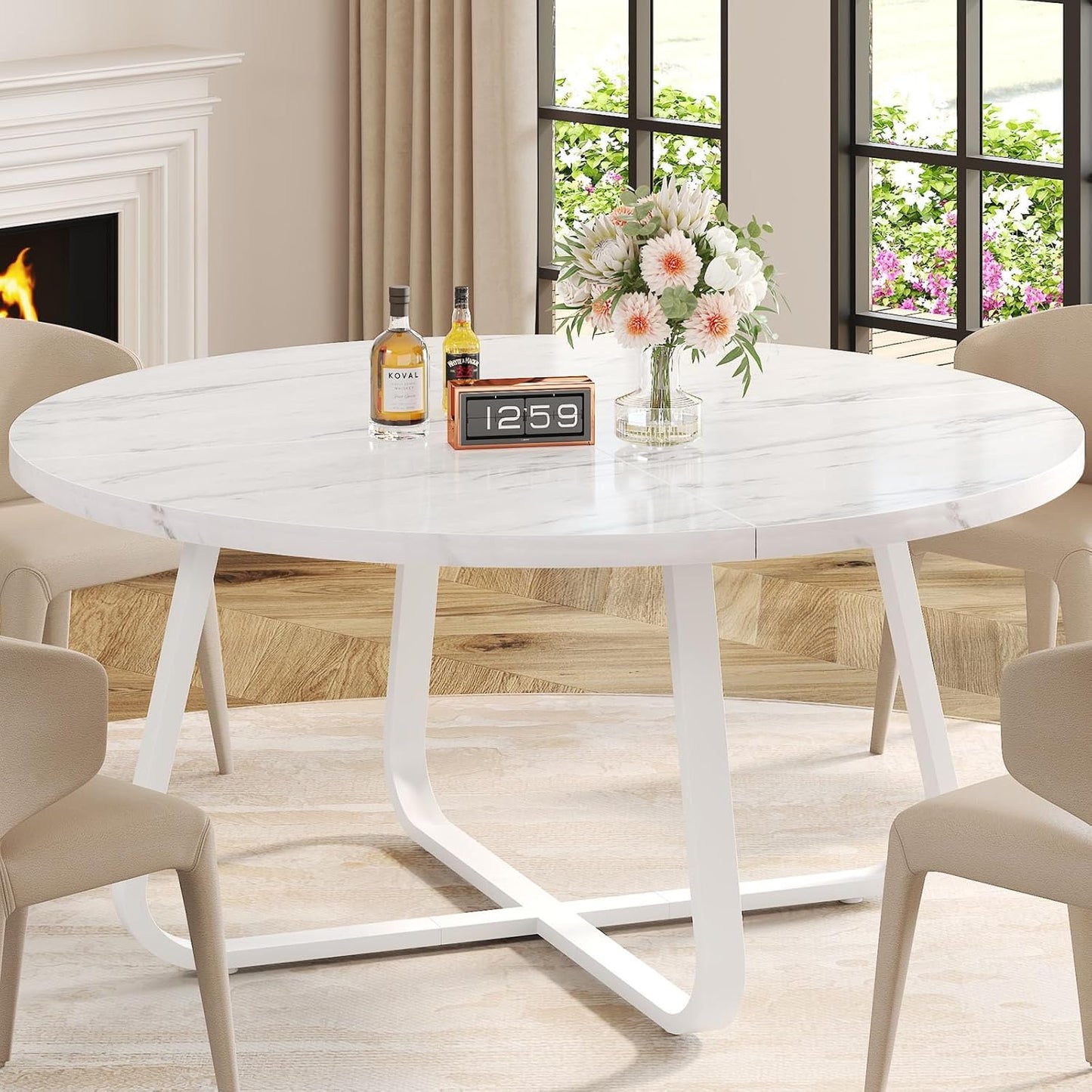 LVB White Round Faux Marble Round Dining Table Kitchen Table for 4-6 People Mid-Century Pedestal Dining Table Side Table Coffee Table Office Living Room White Marble 130cm