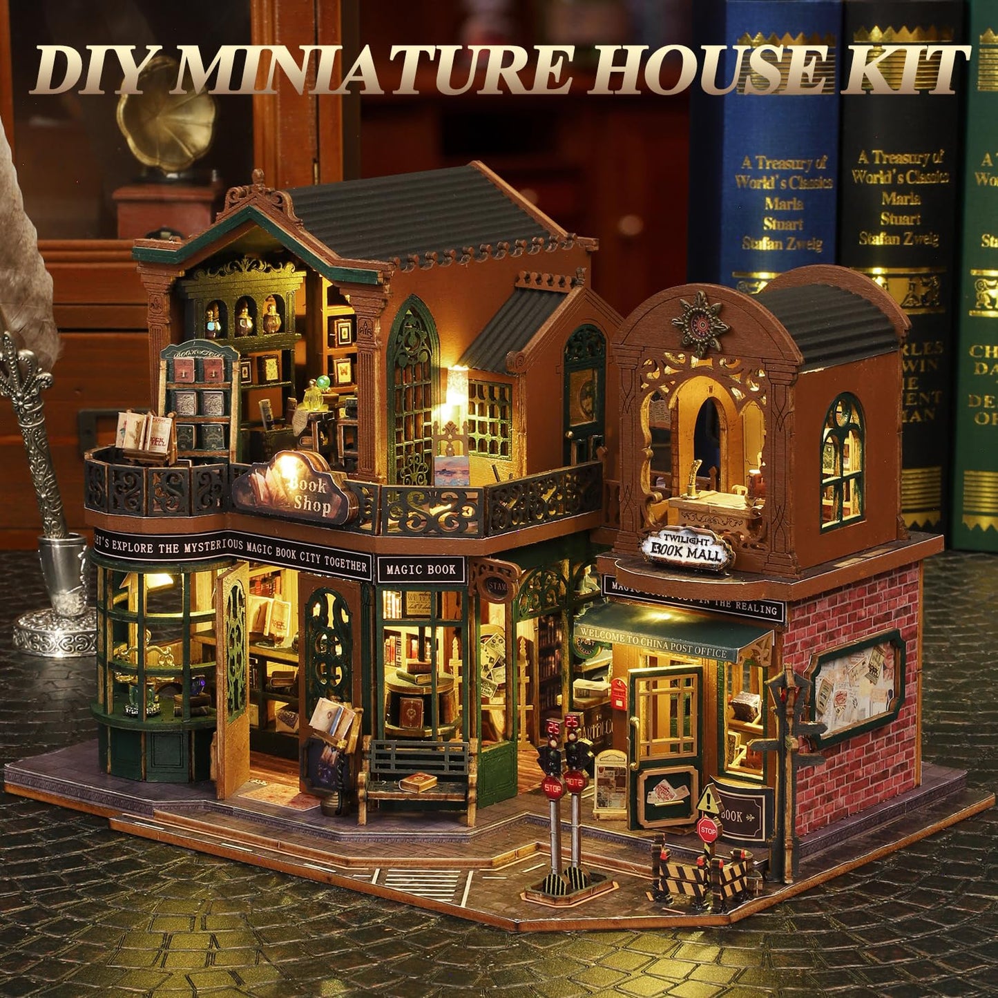 Mostop DIY Miniature Dollhouse Kit,Wooden Dollhouse Construction Kit,Miniature House Kit with LED Light und Bewegungen,Creative Room Idea for Children/Adults,Magic House,DIY Kits (Twilight Book City)