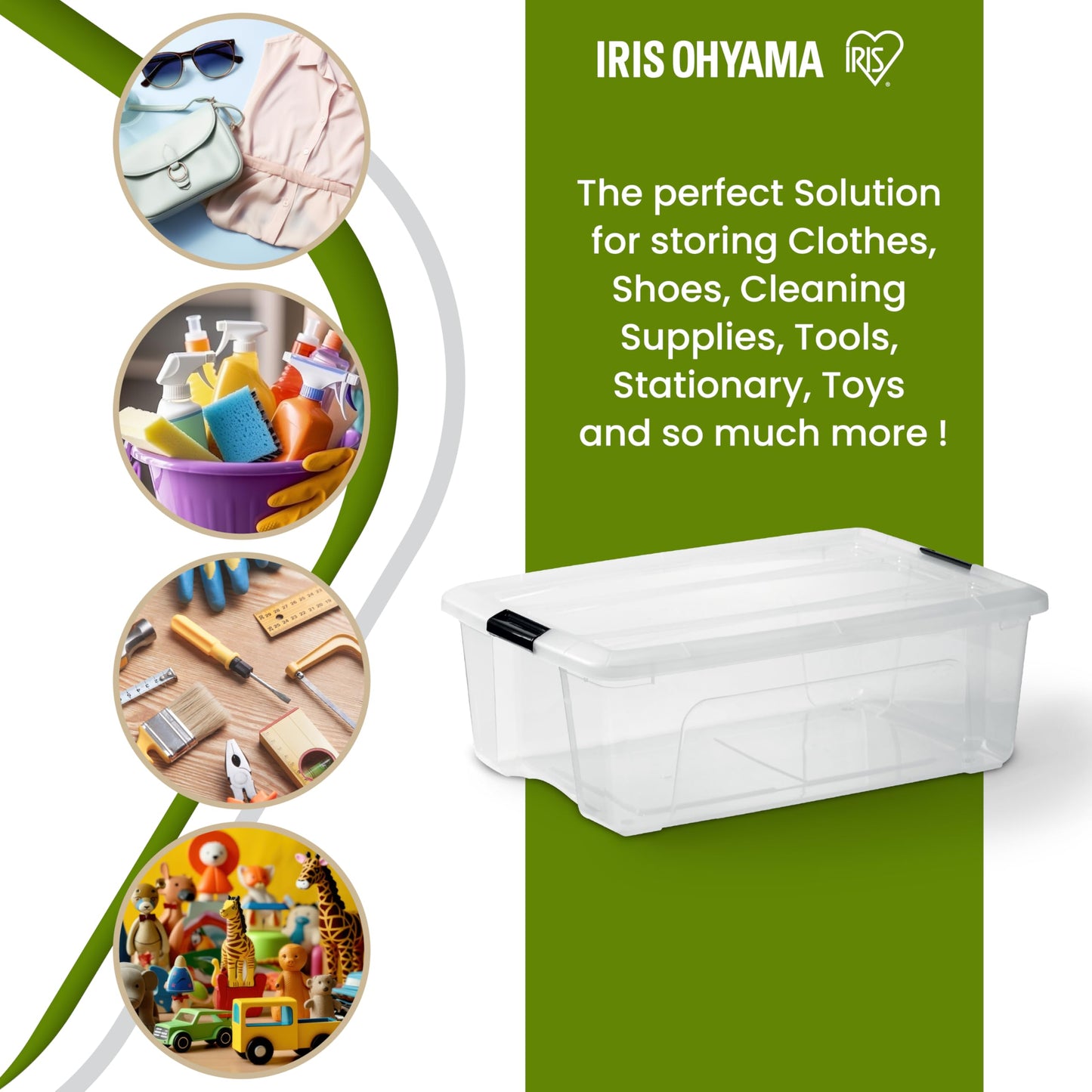 Iris Ohyama Storage Boxes with Lids, 55L, Set of 4, Transparent, Secure Closure, Stackable, Handles, Bedroom, Closet, Office, Organisation, BPA-Free Plastic, Organiser Boxes, BSB-55