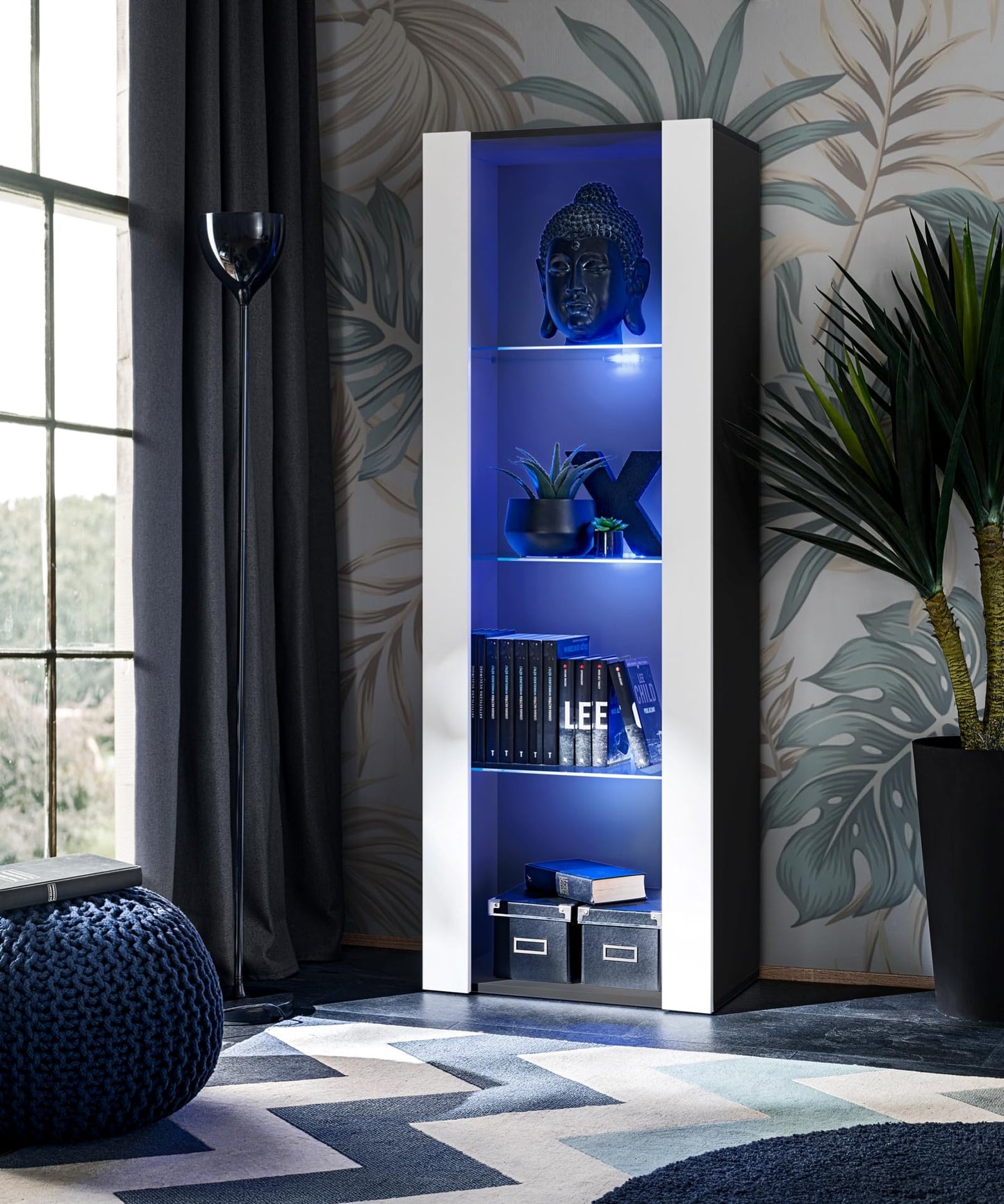 Komodee Tivoli Medio Wall Unit Living Room Set, Black/Black, Width 245 cm x Height 159 cm x Depth 35 cm, LED Blue, for Living Room, Bedroom