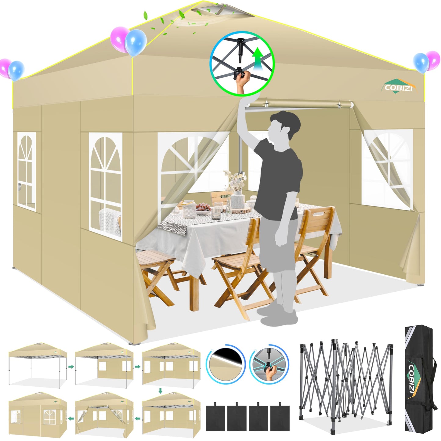 COBIZI Folding Gazebo Gazebo 3 x 6 Waterproof Winterproof Garden Gazebo Party Tent Pop Up Gazebo Foldable Tent with 6 Side Waves with Ventilation Openings, Sandbag for Market, Outdoor Event, Black