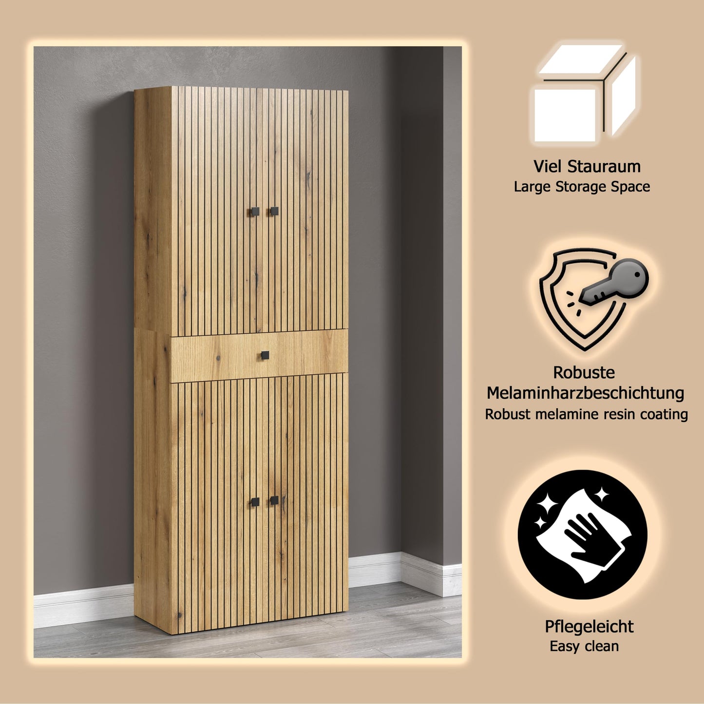 trendteam smart living - PureBliss - Hochschrank - Eiche - Badezimmerschrank in moderner Rillenoptik - edle Metallgriffe - (BxHxT) 40 x 186 x 31 cm - 2 praktische Einlegeböden - kratzfest