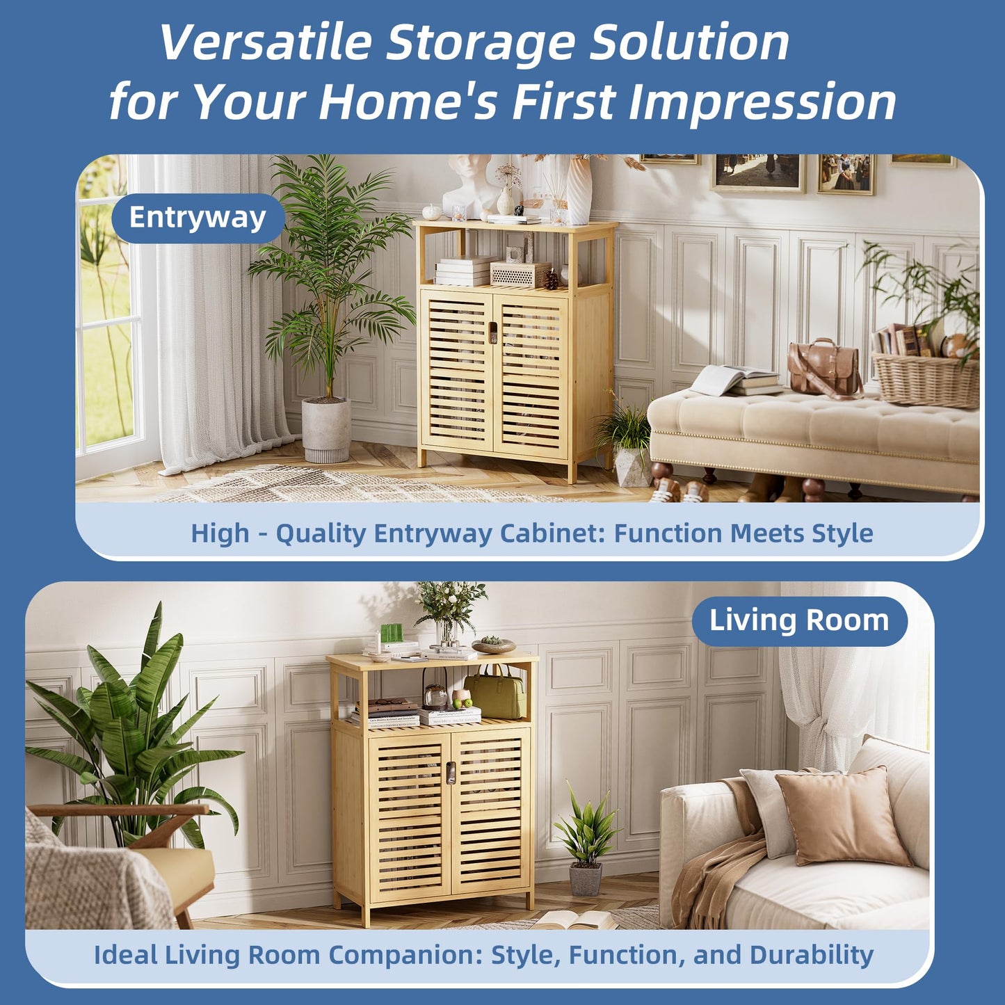 HITNET Bathroom Cabinet Bamboo Black Bathroom Cabinet with 2 Doors Freestanding Cabinet for Bathroom, Living Room and Bedroom