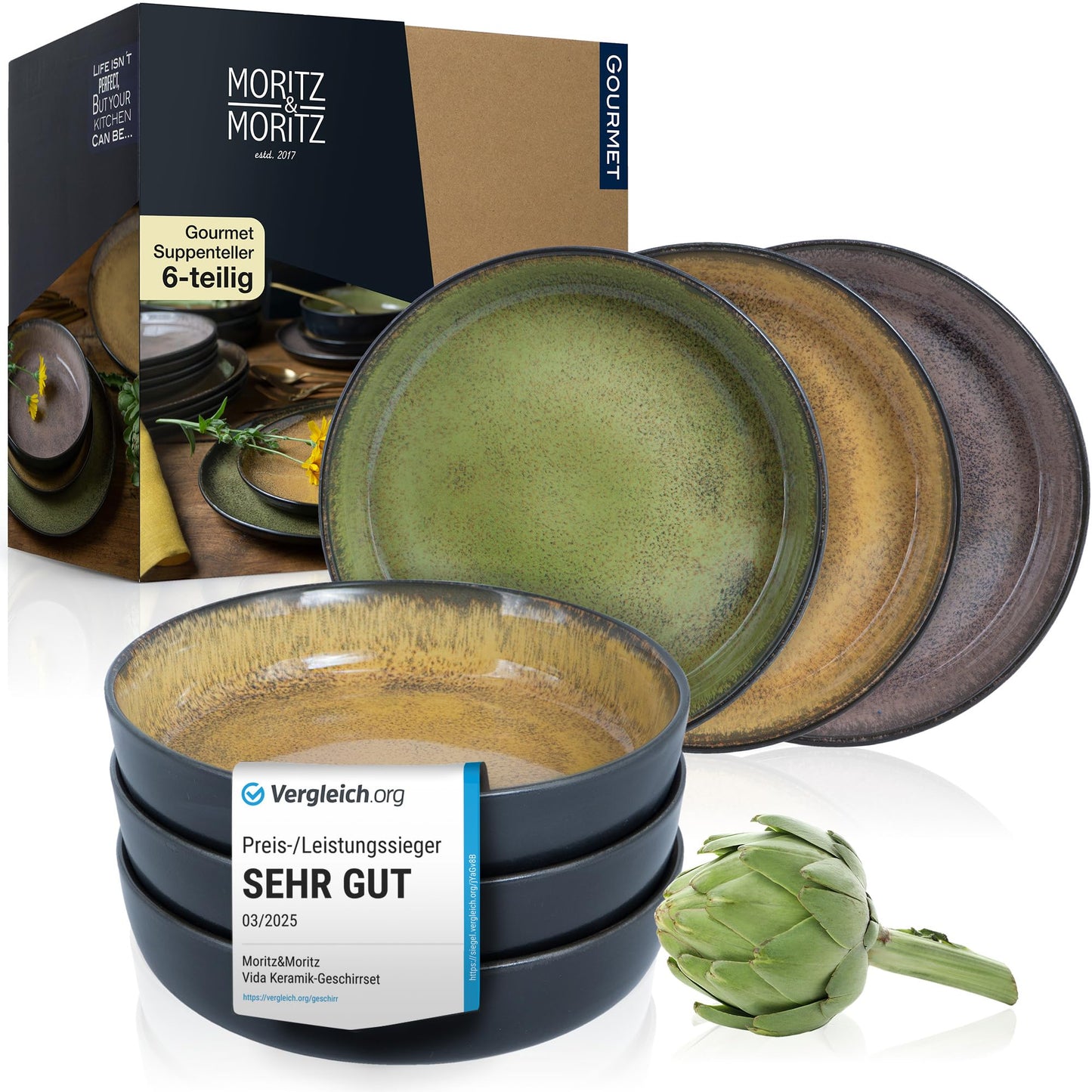 Moritz & Moritz Vida 18-Piece Crockery Set for 6 People, Elegant Plate Set Made of High-Quality Porcelain, Crockery Consisting of 6 x Dinner Plates, 6 x Dessert Plates, 6 x Soup Plates