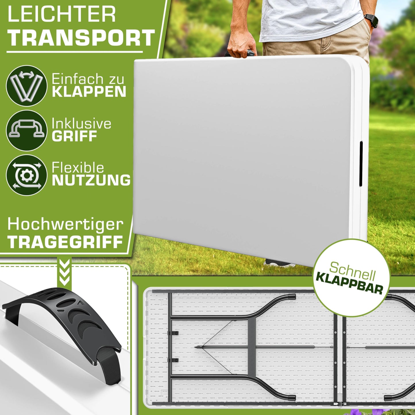 tillvex Garden Table 180 x 75 cm Foldable Plastic Buffet Table with Carry Handle Folding Table for Garden Patio and Balcony Camping Table 8 People