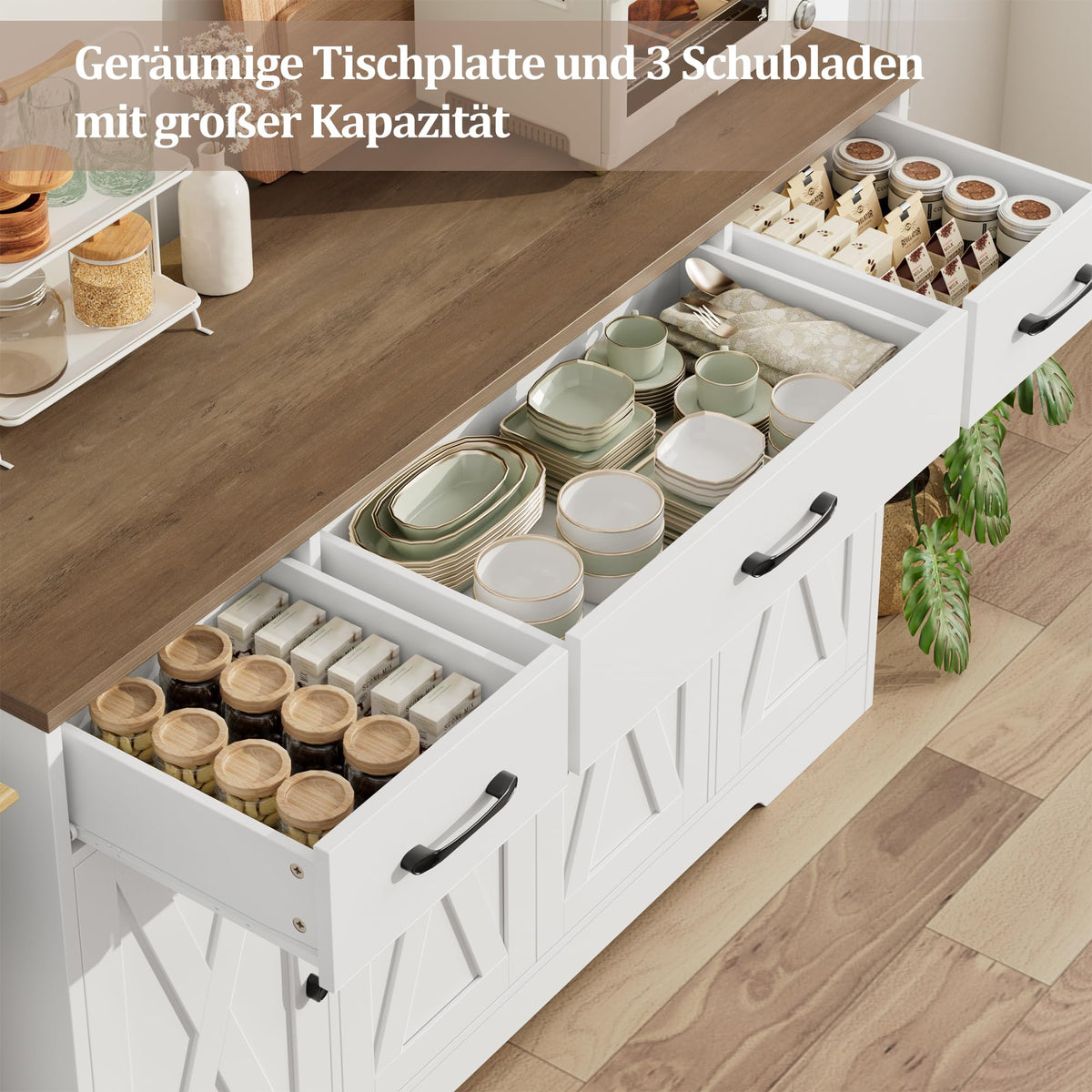 HOCSOK Sideboard, 140 cm Wide Kitchen Cabinet with 2 Adjustable Shelves, Buffet Cabinet with 3 Drawers 4 Doors, Kitchen Buffet for Living Room, Kitchen, Hallway, White & Brown