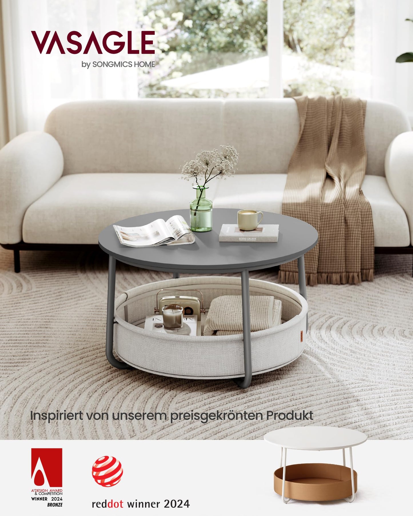 VASAGLE LCT244W10 Round Coffee Table with Storage Space Side Table Living Room Table with Fabric Basket Modern Metal Frame Matt White Camel Brown