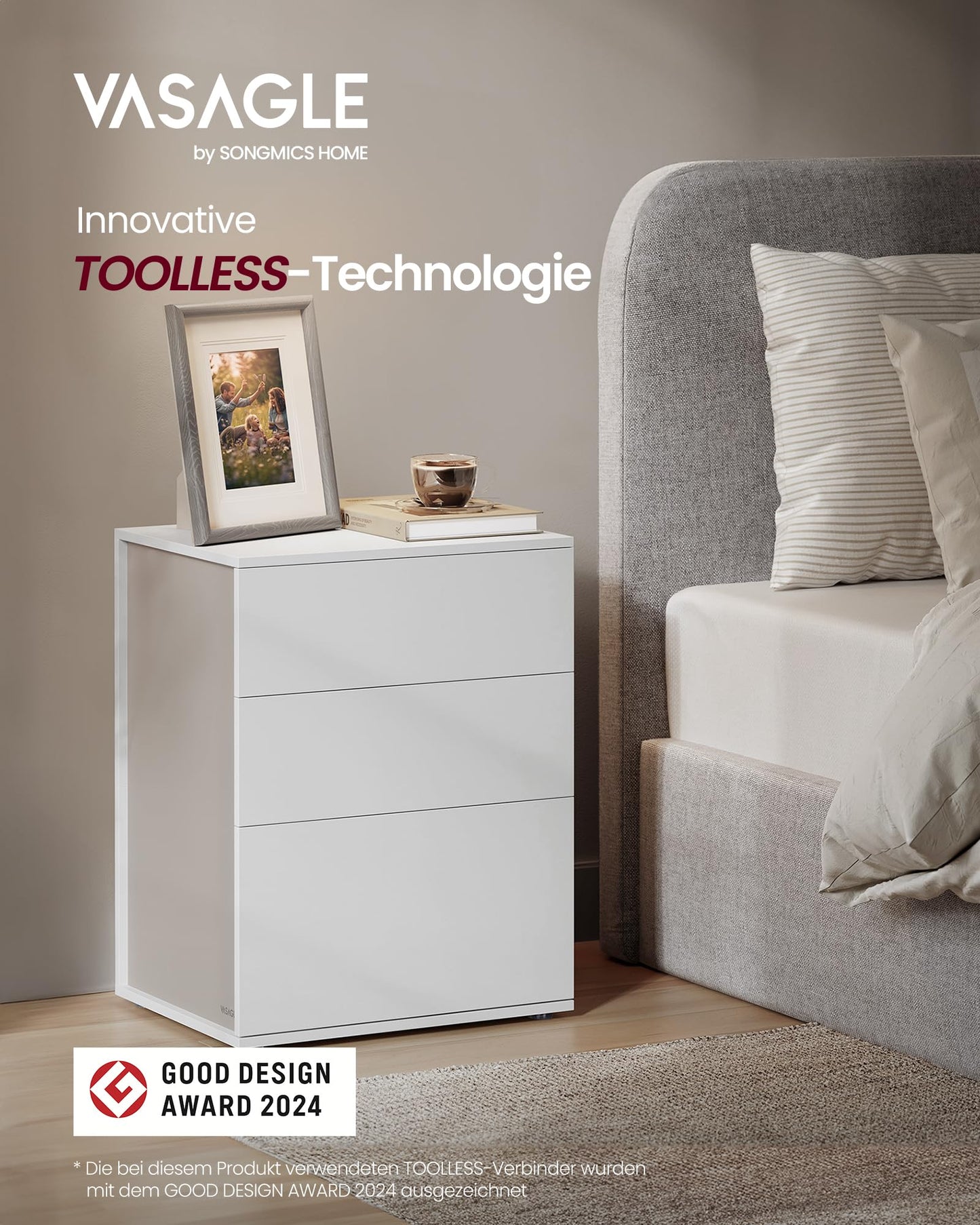 VASAGLE Bedside Table Set of 2, Toolless Technology, Super Fast Tool-Free Assembly, Side Table 3 Drawers, Bedside Cabinet, Bedroom, Living Room, Ink Black/Cappuccino Beige LET779B01