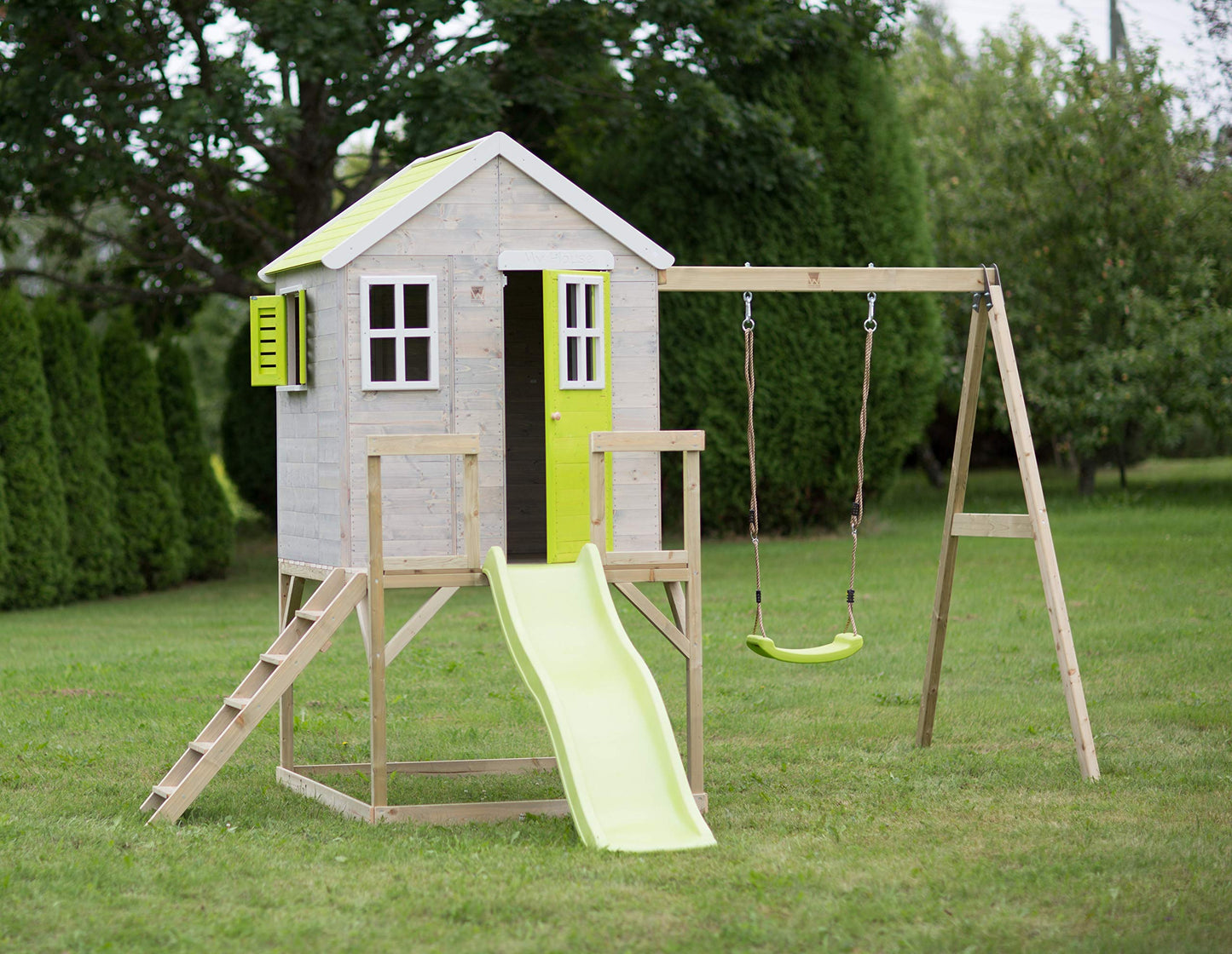 Wendi Toys M24G Children's Outdoor Stilt House with Slide and Swing, 330 x 350 x 242 cm, Grey, FSC Wood, Playhouse Children Outdoor with Swing & Plastic Slide for Garden, Playground for Garden