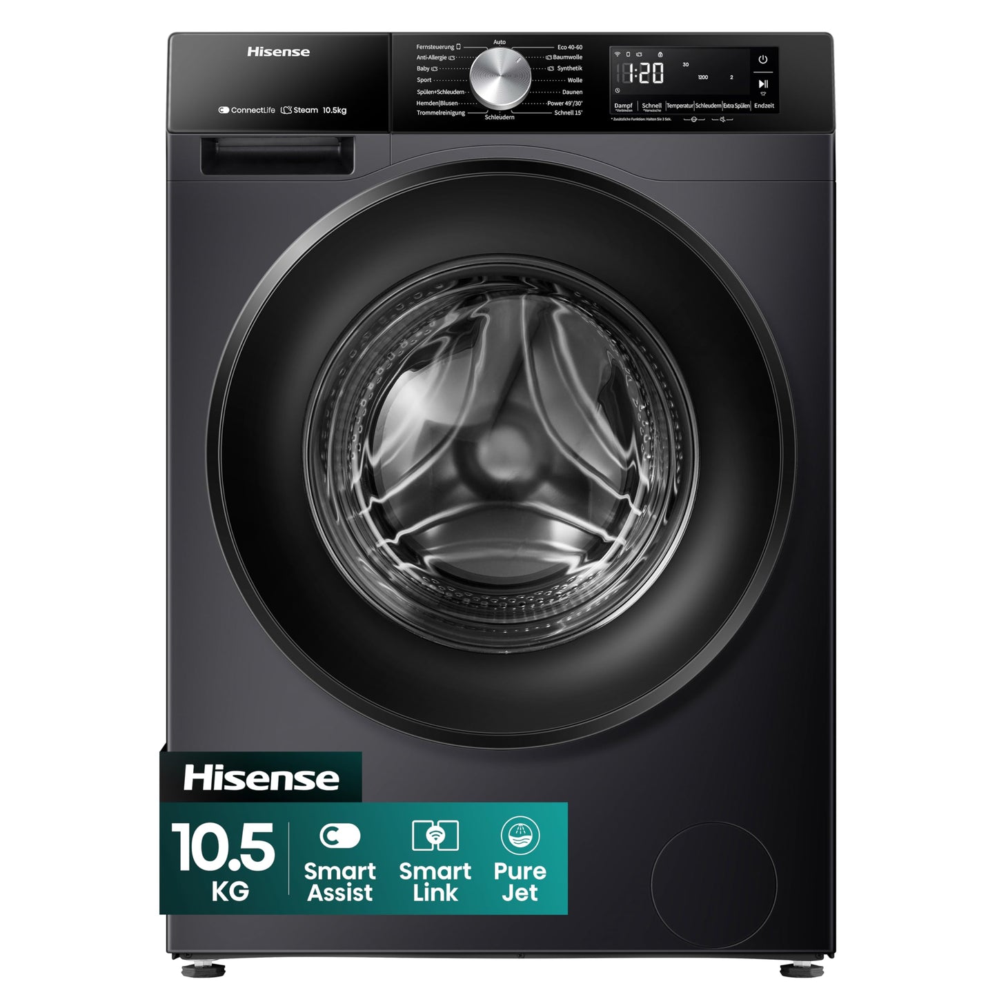 Hisense WF3S1043BW3 Washing Machine with Steam Function, 10.5 kg, 1400 rpm, 19 Programmes, WiFi, ConnectLife, Power JetWash, Aqua Stop, Auto Wash, Quick Wash, Steam Refresh, Energy EEK A-20 Percent