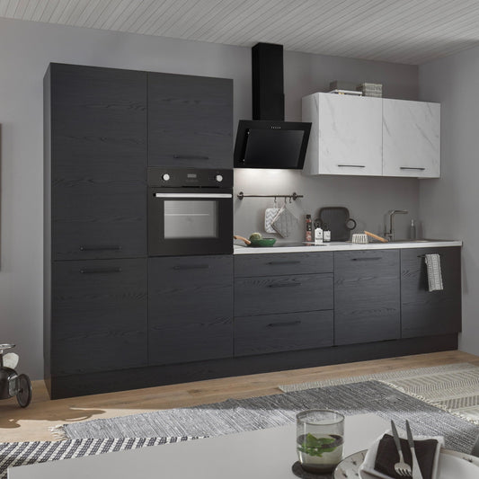 New York Modern Kitchen Unit without Electrical Appliances in Graphite Black, Marble Look, FSC-Certified, Spacious Fitted Kitchen with Lots of Storage Space, 320 x 210 x 60 cm (W x H x D)