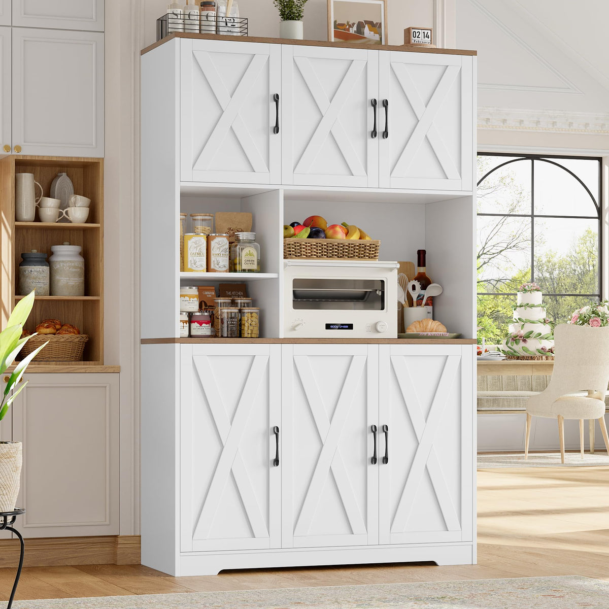 HOCSOK Kitchen Cabinet 106 x 180 cm (W x H), Buffet Cabinet, White, Sideboard with 6 Doors, Removable Bottle Holder and Removable Glass Holder, Storage Cabinet for Kitchen, Living Room, Dining Room
