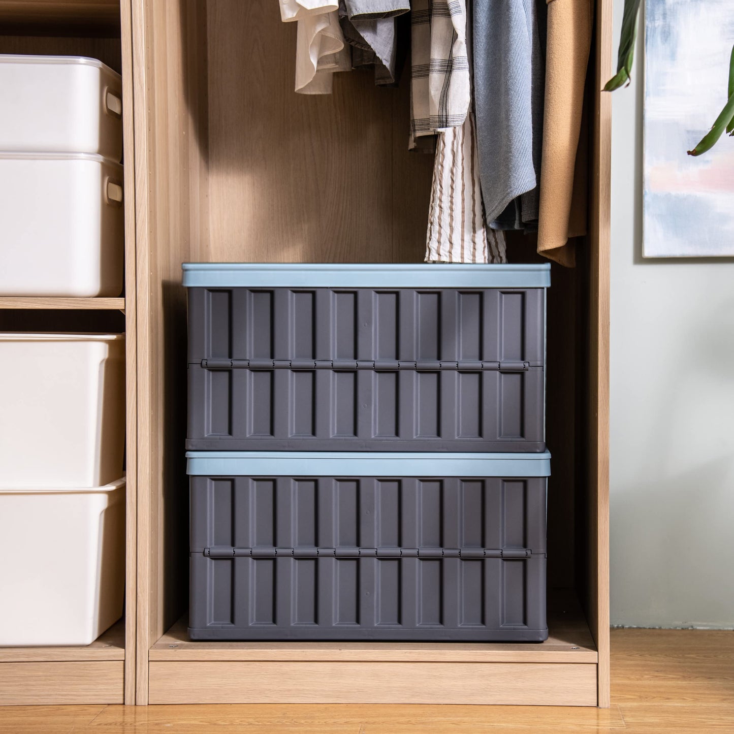 Citylife Set of 4 64 L Folding Box with Lid, Foldable Camping Box, Collapsible Storage Bins for Organising Large Heavy Outdoor, Bathroom, Kitchen, Office, Living Room (Grey)