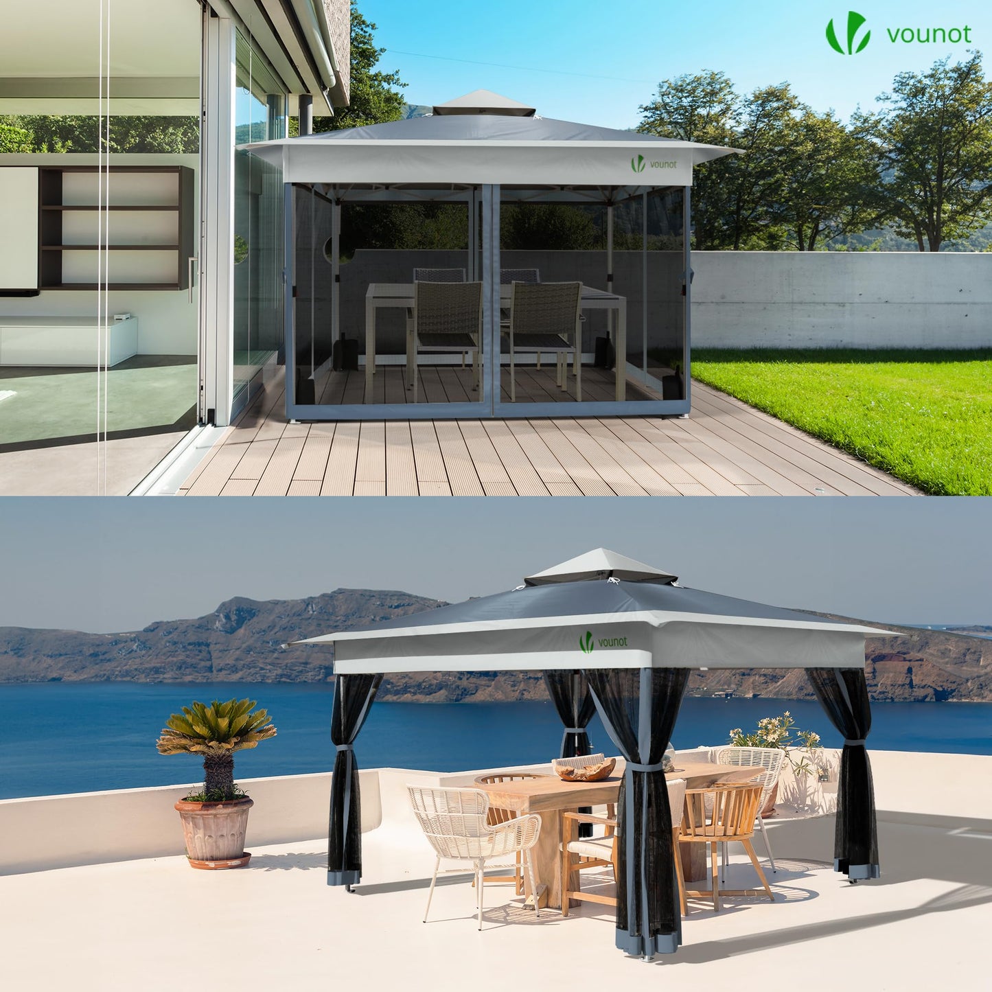 VOUNOT Pavillon Faltbar 3,6x3,6m, Pop Up Partyzelt mit Mesh Sides & Doppeldach, Faltpavillon Stabil mit Bein Gewichte & Roller Bag, Gartenpavillon Gartenzelt Grau