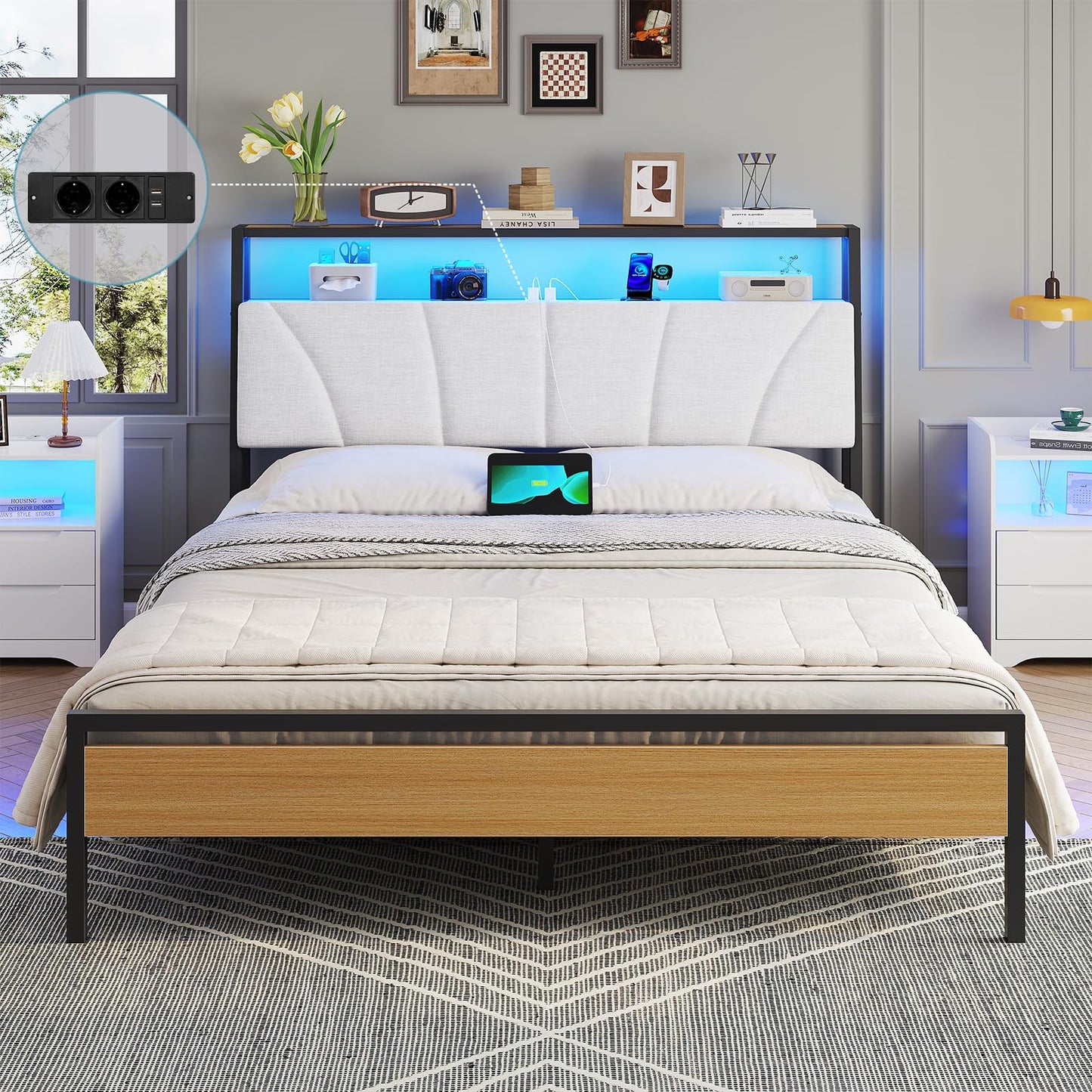 Brinlawb Bed 180 x 200 cm with Metal Slatted Frame, Double Bed 180 x 200 cm with LED Lighting, Bed Frame 180 x 200 cm Bed with Headboard and Charging Station (2 AC Sockets, 2 USB Ports), Modern, Grey