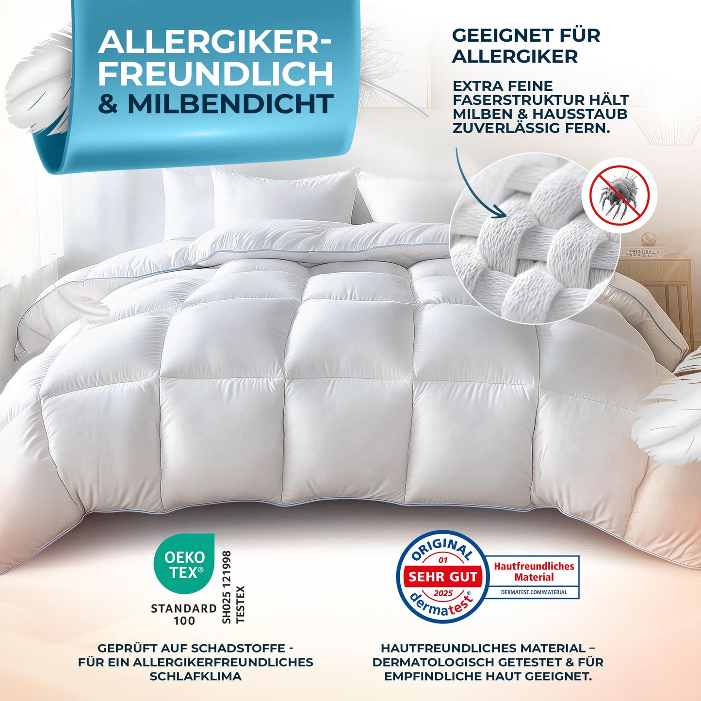 Glückstoff® Feather and Down Duvet 135 x 200 cm [Certified in Germany] – Down and Feathers – Feather Duvet Top Bed – Sleeping Blanket Summer and Winter Duvet – Duvet (All Season Duvet)