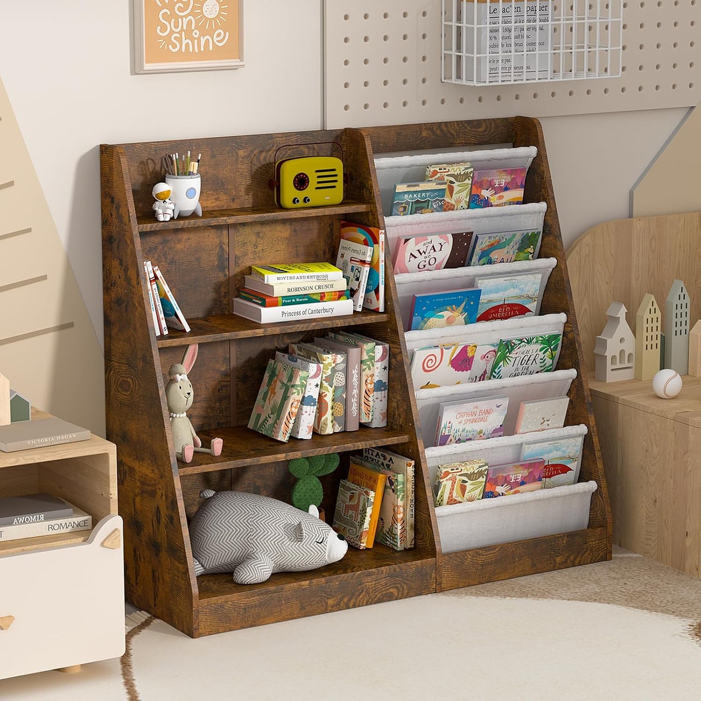 Children's Shelf, White with 5 Shelves and 4 Open Compartments, Bookcase for Children, Toy Organiser, 90 x 40 x 80 cm