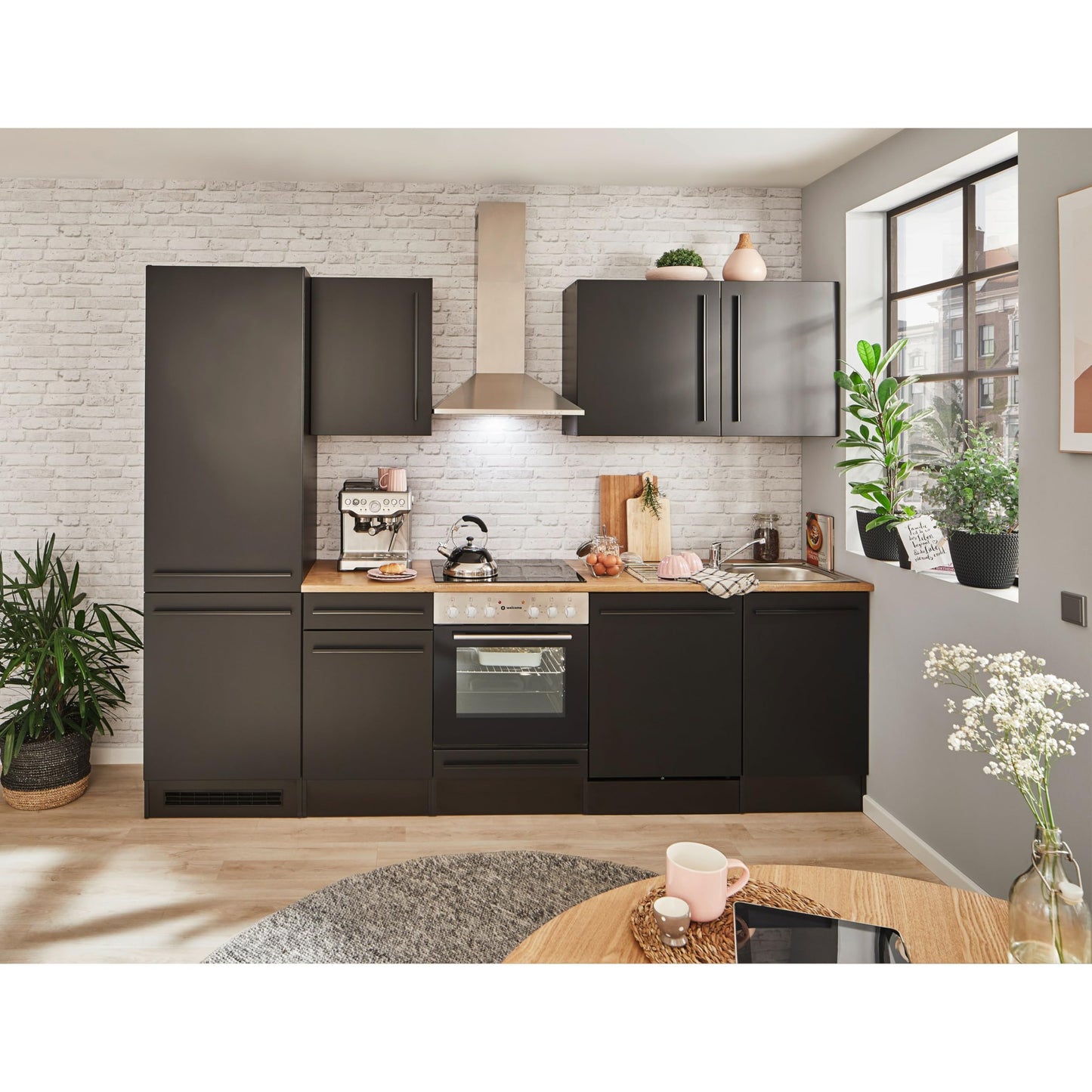 Jazz 8 Modern Kitchen Unit without Electrical Appliances in Anthracite, Artisan Oak Look, Spacious Fitted Kitchen with Lots of Storage Space, 220 x 211 x 60 cm (W x H x D)