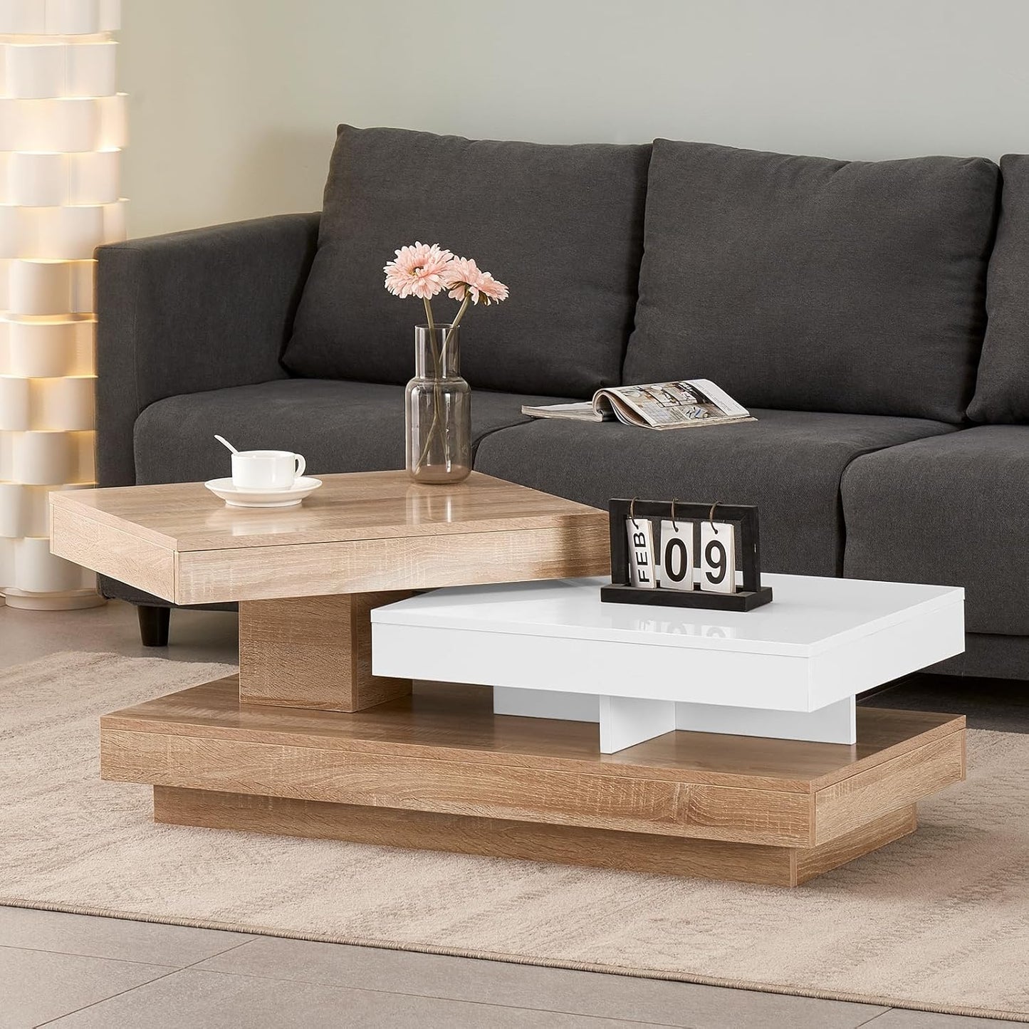 Rotating Coffee Table White Living Room Table with Rotating Board High Gloss Modern Side Table Coffee Table