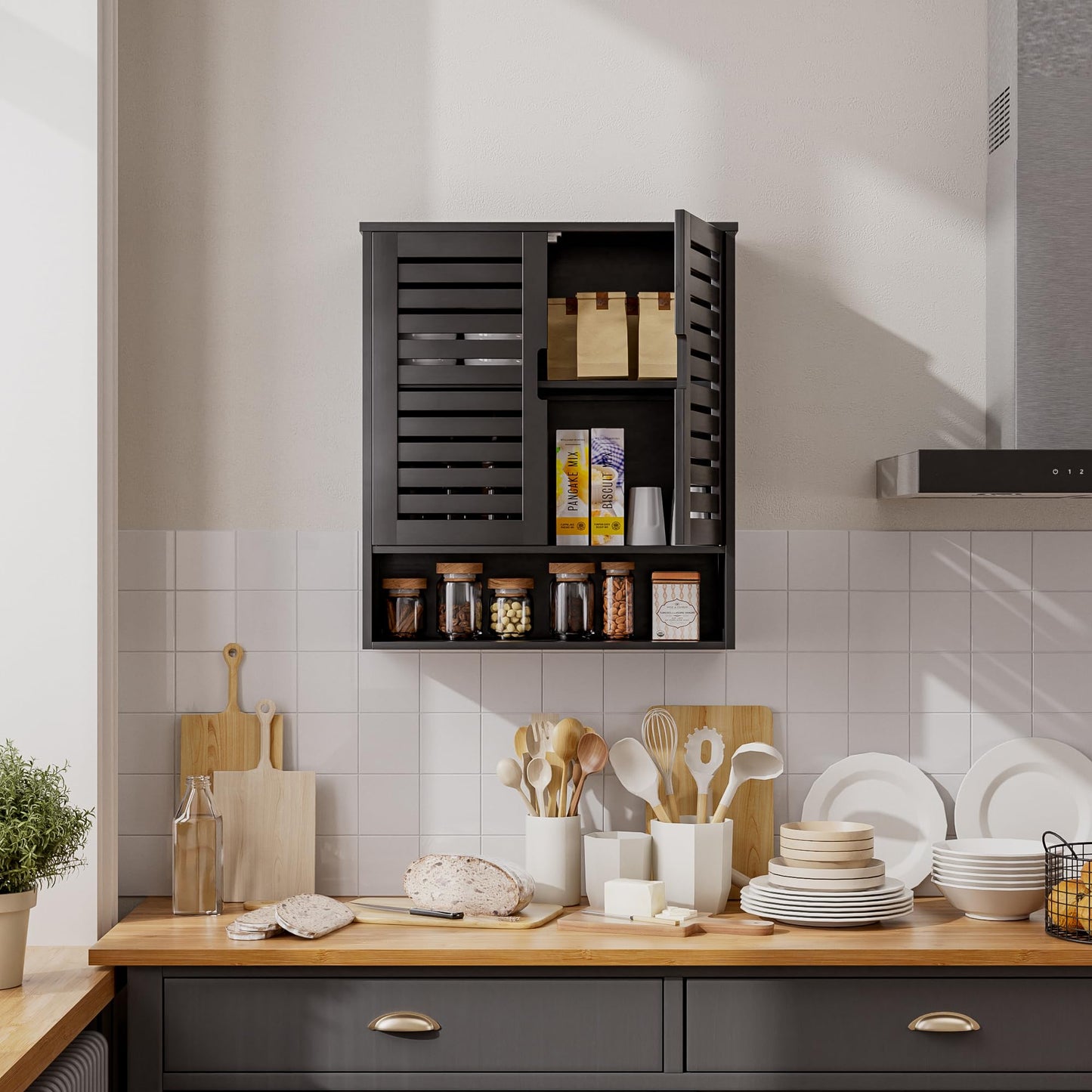 SMIBUY Bathroom Cabinet, Wall Mounted, Bamboo Over the Toilet Storage Organiser, Space Saving Medicine Cabinet with 2 Doors and Adjustable Shelves (Black)