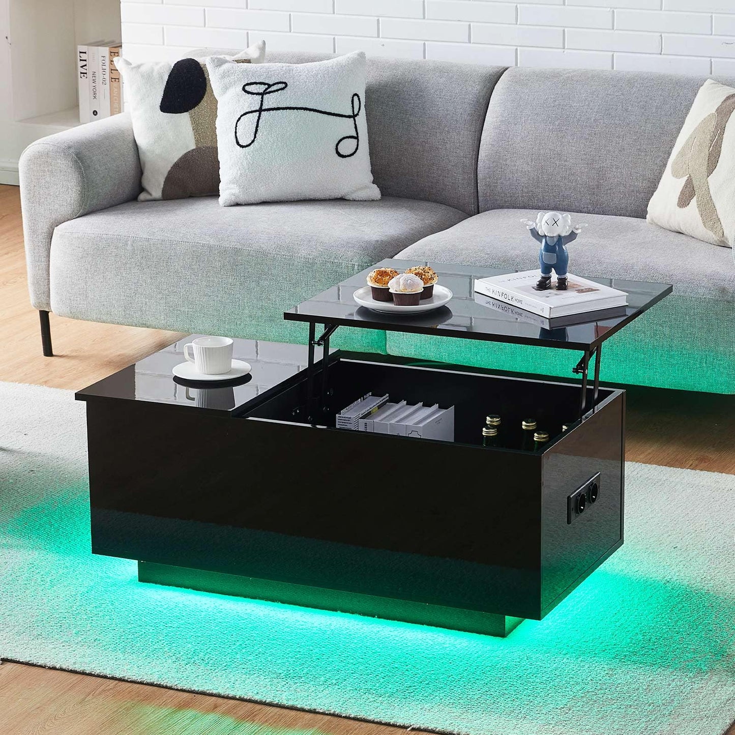 CLIPOP High Gloss Coffee Table, Height-Adjustable Living Room Table, with LED Lighting, Adjustable Light Colours, Socket and USB, Side Table with Hidden Storage Compartment, Black
